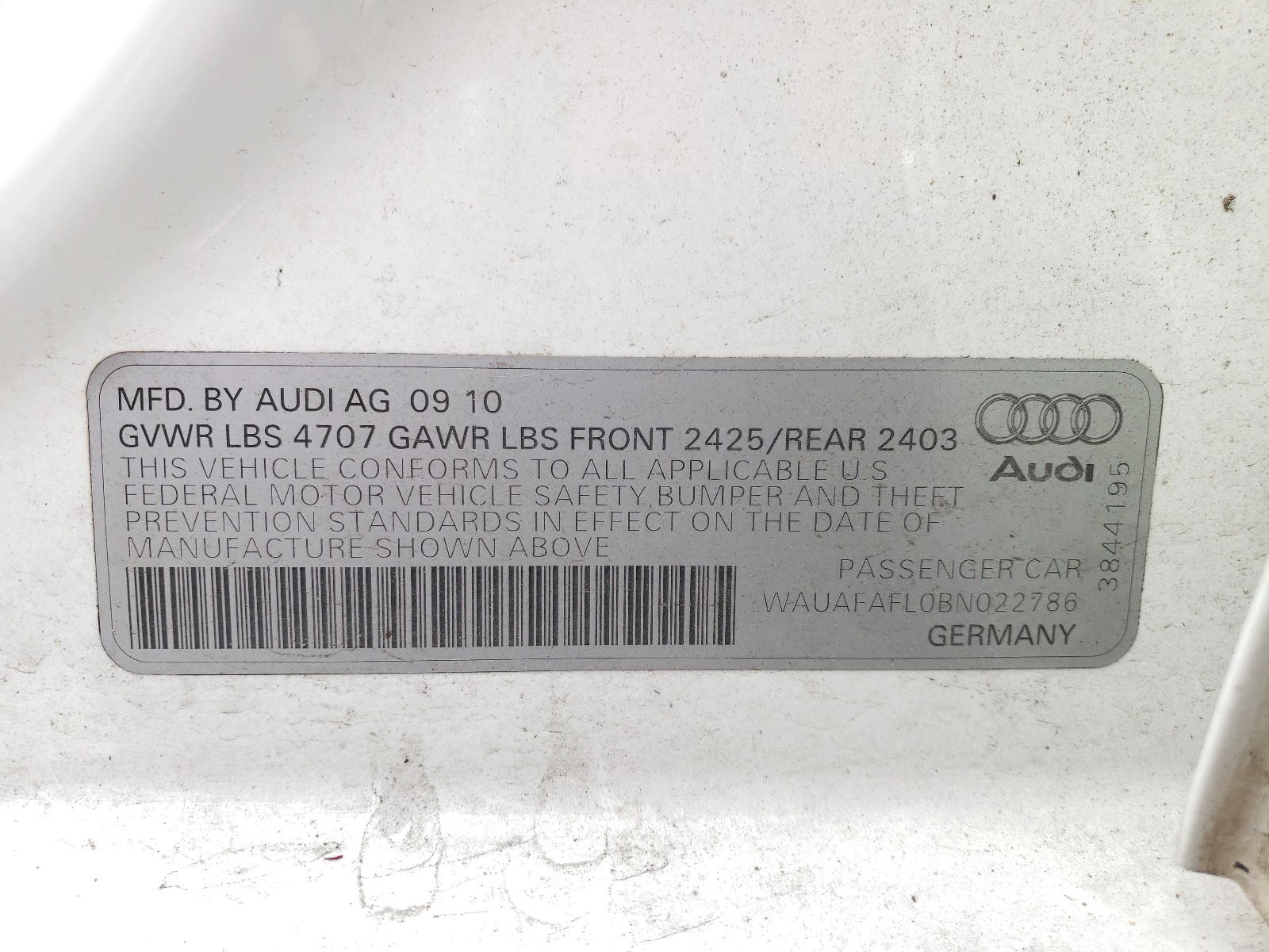 Photo 10 from auction – 2011 AUDI A4 PREMIUM with VIN WAUAFAFL0BN022786