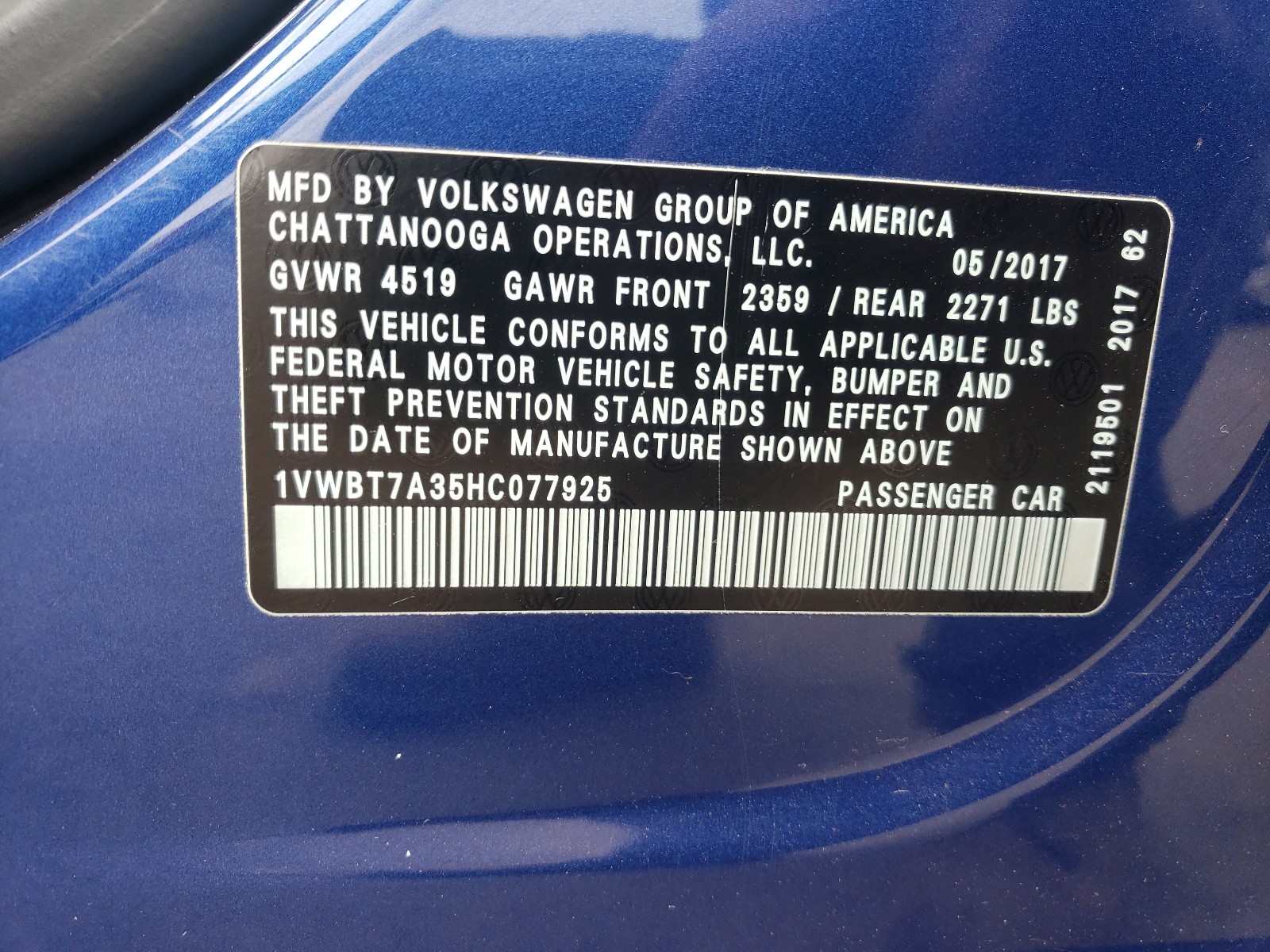 Photo 10 from auction – 2017 VOLKSWAGEN PASSAT SE with VIN 1VWBT7A35HC077925