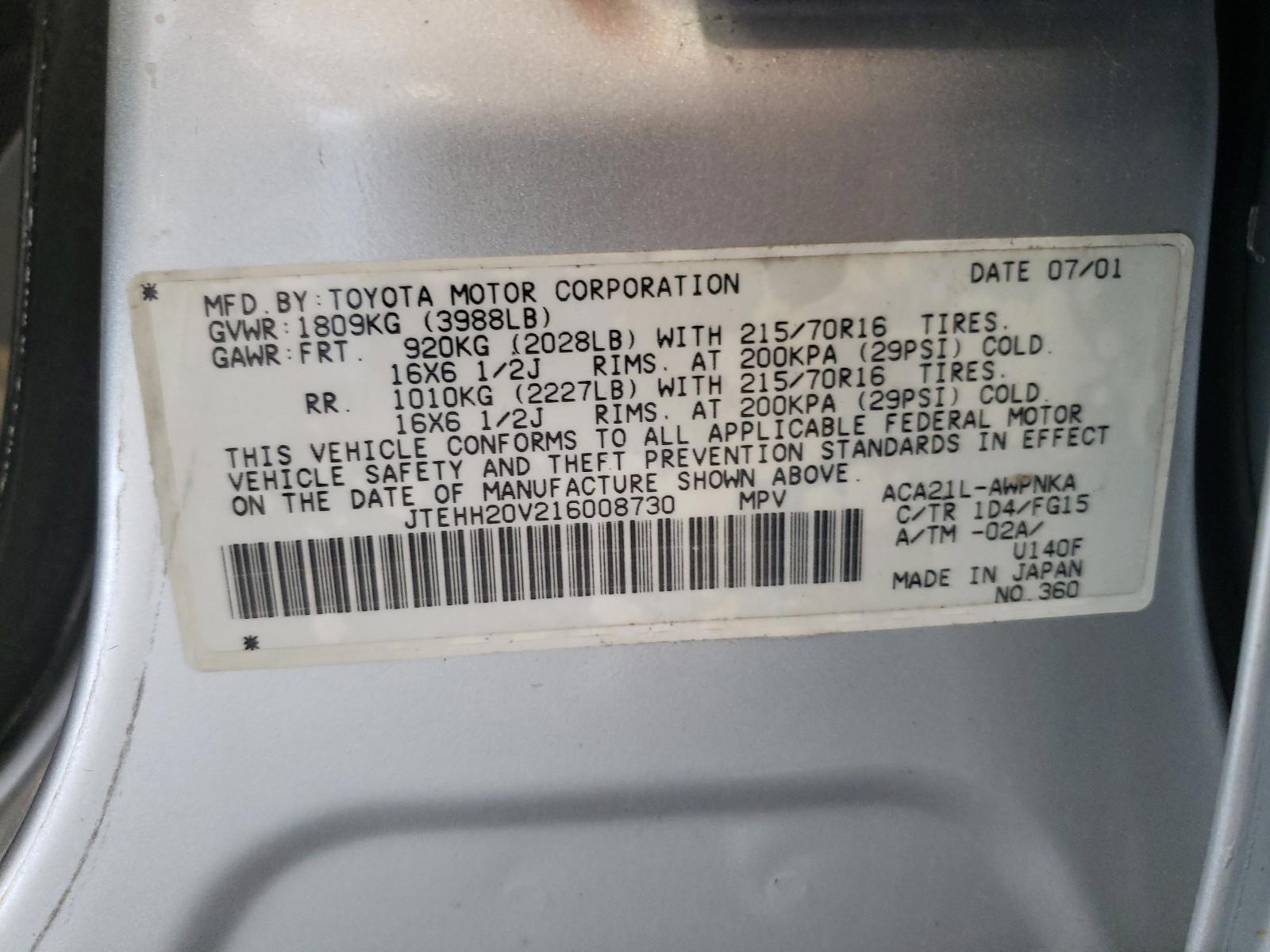 Photo 10 from auction – 2001 TOYOTA RAV4 with VIN JTEHH20V216008730