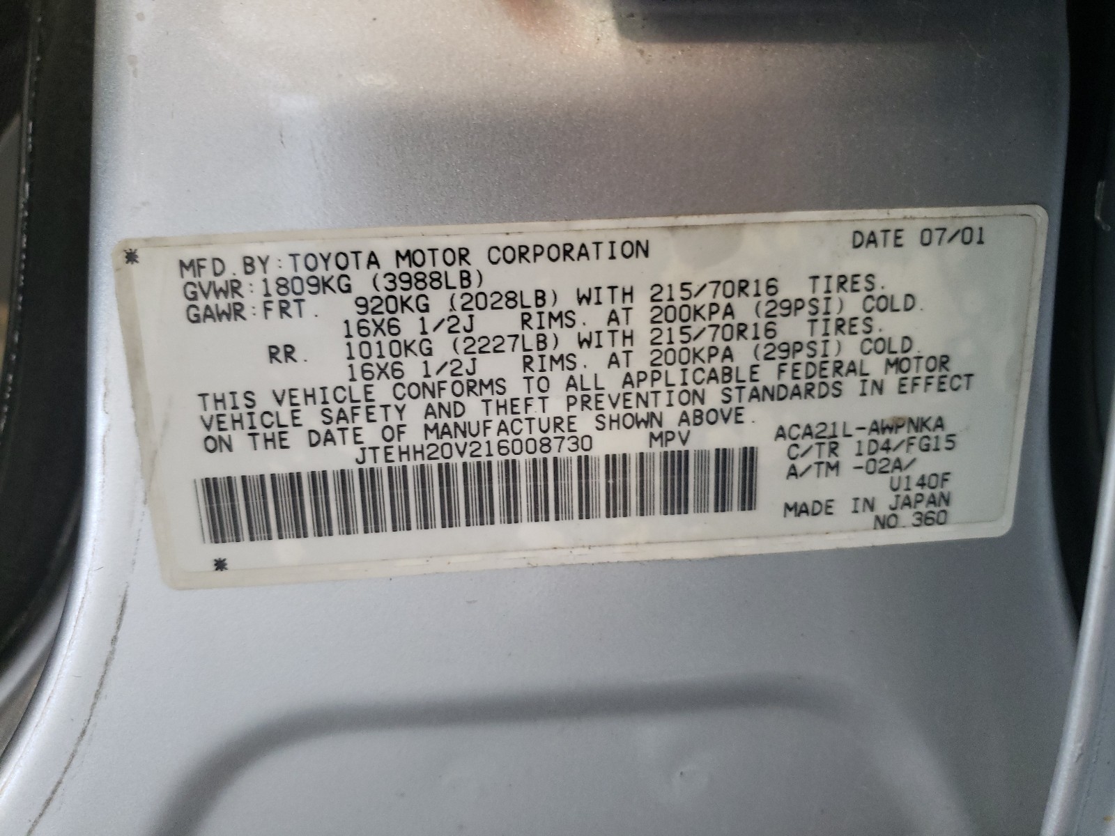 Zdjęcie 10 z aukcji – 2001 TOYOTA RAV4 z VIN JTEHH20V216008730