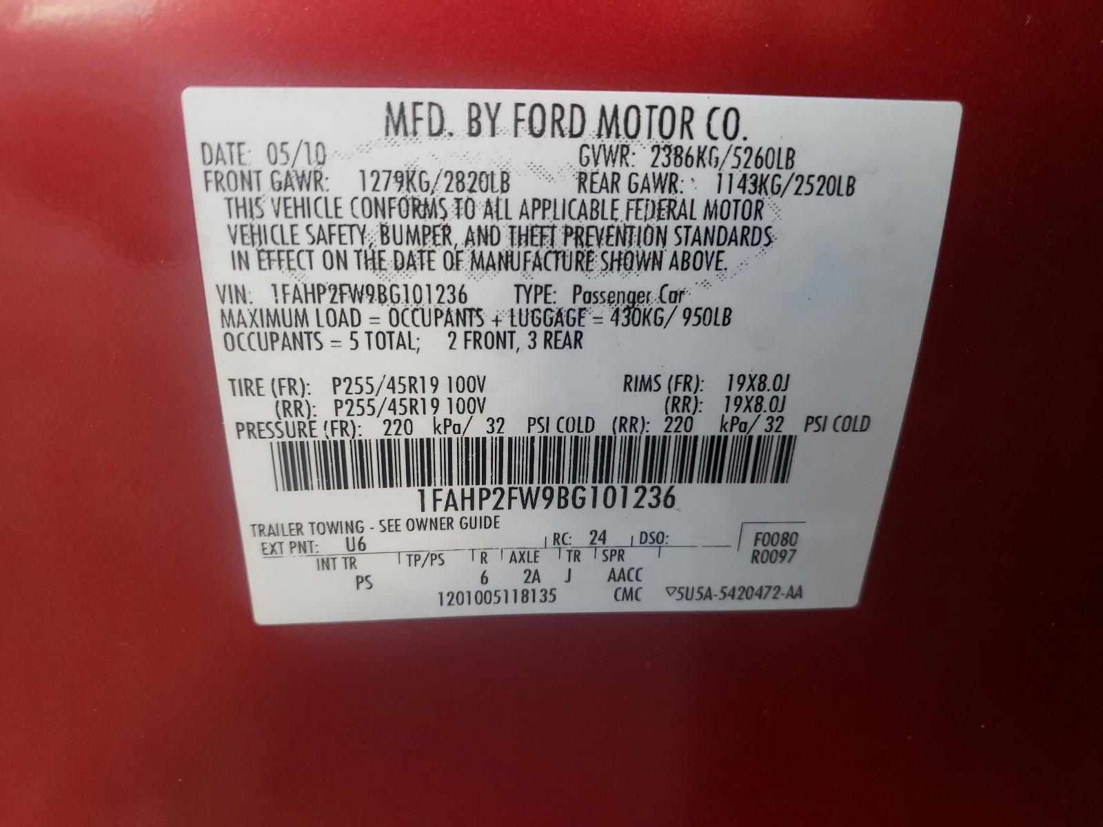 Photo 10 from auction – 2011 FORD TAURUS LIM with VIN 1FAHP2FW9BG101236