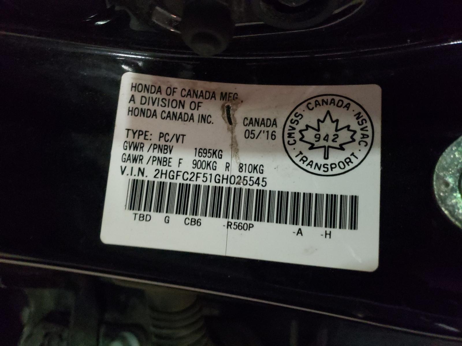 Photo 10 from auction – 2016 HONDA CIVIC LX with VIN 2HGFC2F51GH025545