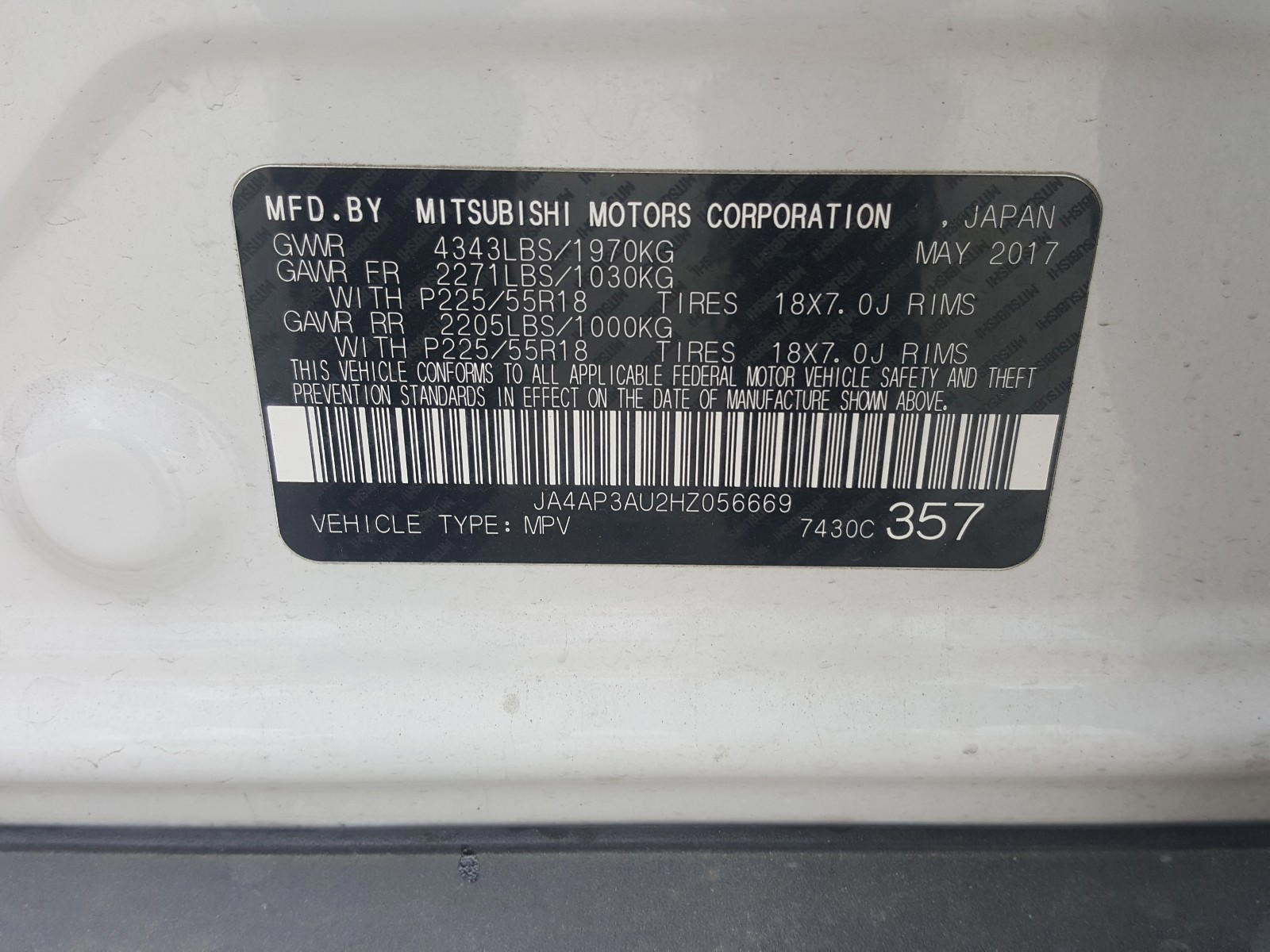 Photo 10 from auction – 2017 MITSUBISHI OUTLANDER with VIN JA4AP3AU2HZ056669