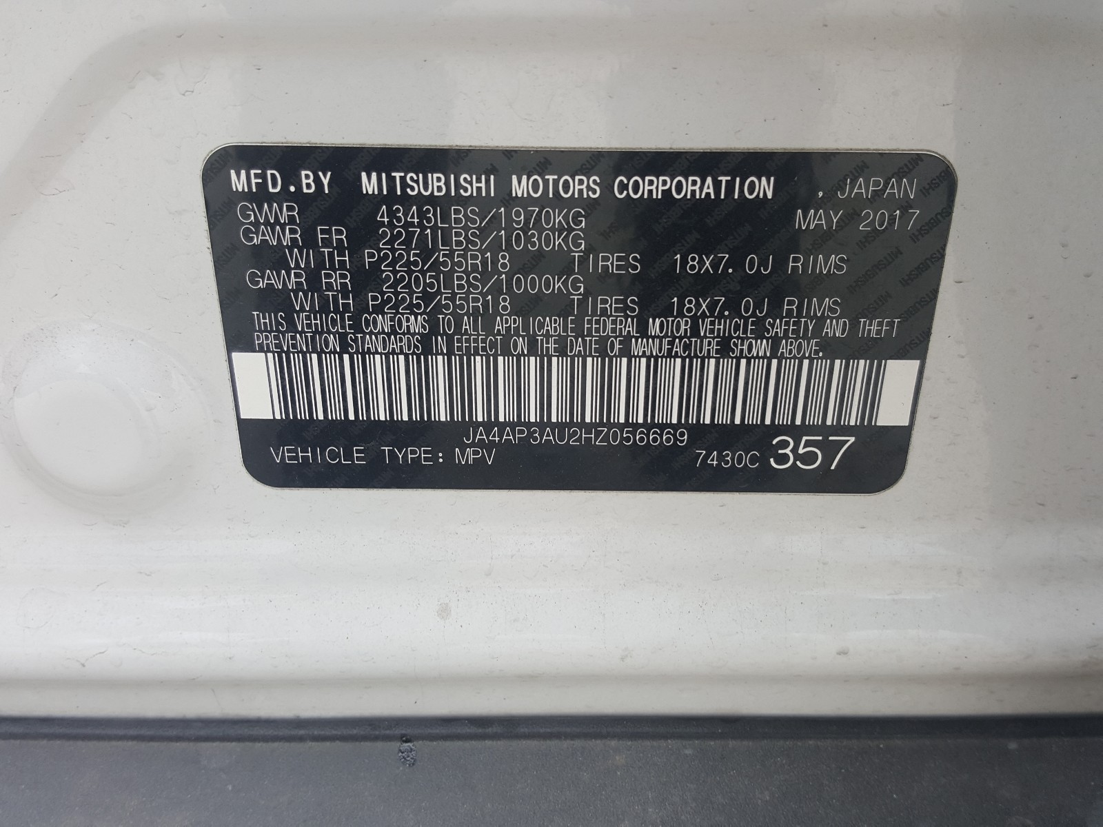 Zdjęcie 10 z aukcji – 2017 MITSUBISHI OUTLANDER z VIN JA4AP3AU2HZ056669