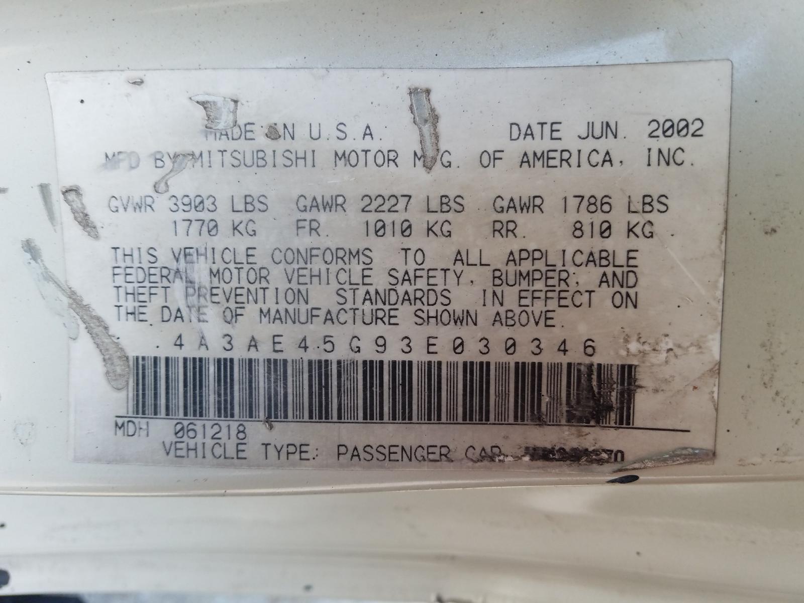 Photo 10 from auction – 2003 MITSUBISHI ECLIPSE SP with VIN 4A3AE45G93E030346