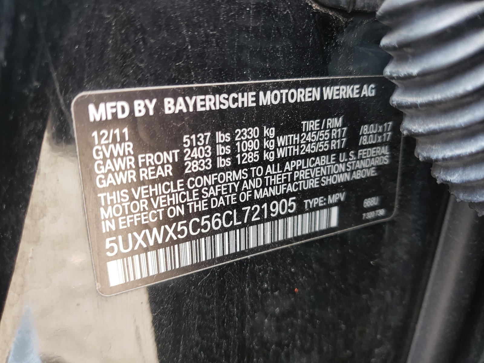 Photo 10 from auction – 2012 BMW X3 XDRIVE2 with VIN 5UXWX5C56CL721905