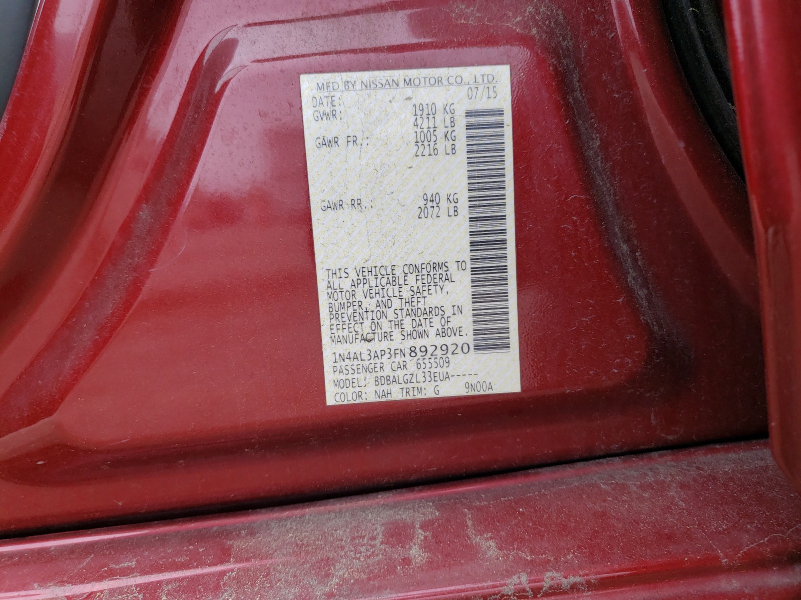 Photo 10 from auction – 2015 NISSAN ALTIMA 2.5 with VIN 1N4AL3AP3FN892920