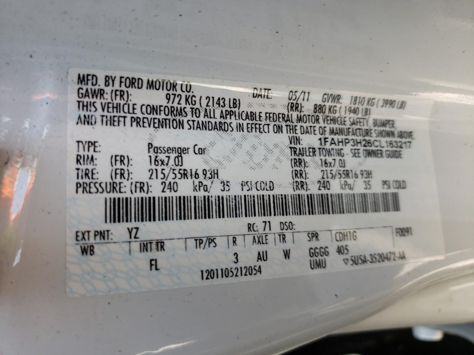 Photo 10 from auction – 2012 FORD FOCUS SEL with VIN 1FAHP3H26CL163217