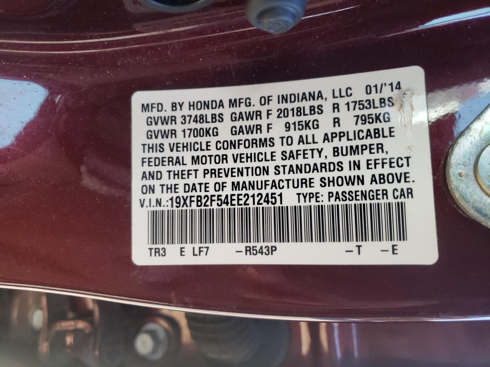 Photo 10 from auction – 2014 HONDA CIVIC LX with VIN 19XFB2F54EE212451