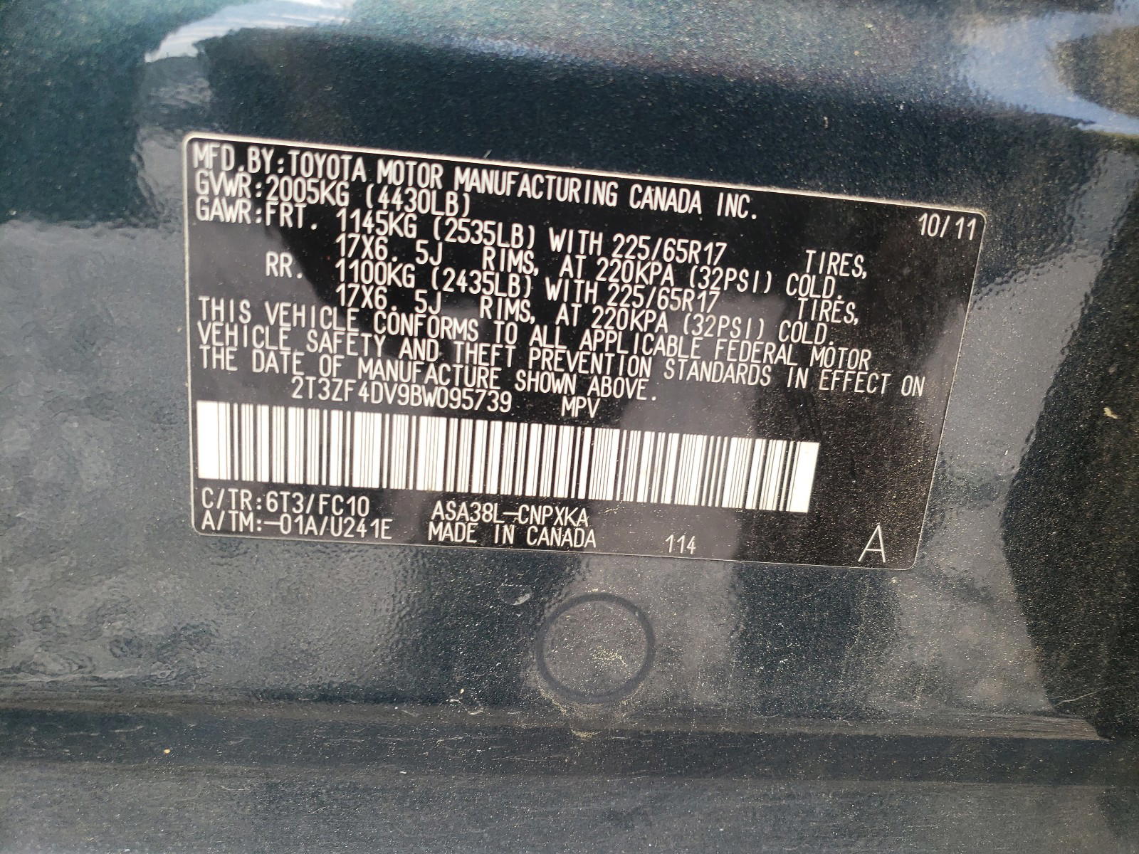 Photo 10 from auction – 2011 TOYOTA RAV4 with VIN 2T3ZF4DV9BW095739