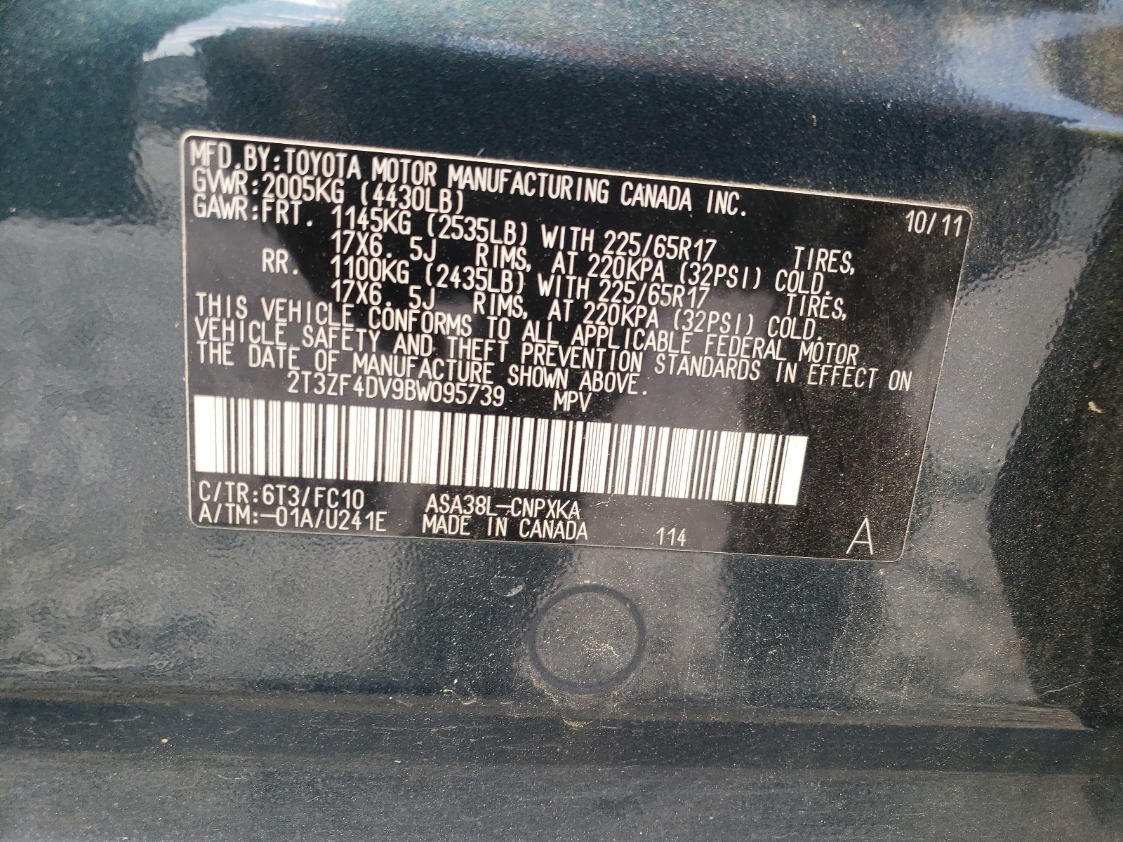 Foto 10 de la subasta – 2011 TOYOTA RAV4 con VIN 2T3ZF4DV9BW095739