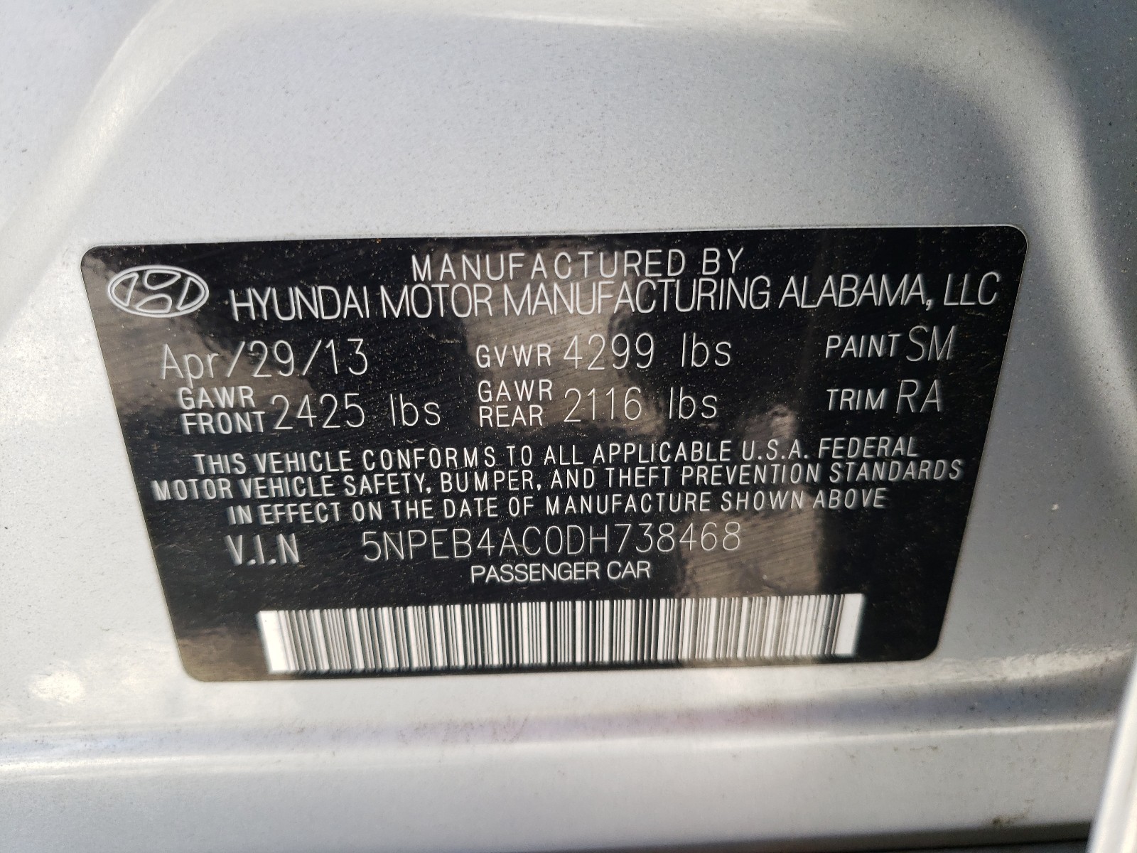 Photo 10 from auction – 2013 HYUNDAI SONATA GLS with VIN 5NPEB4AC0DH738468