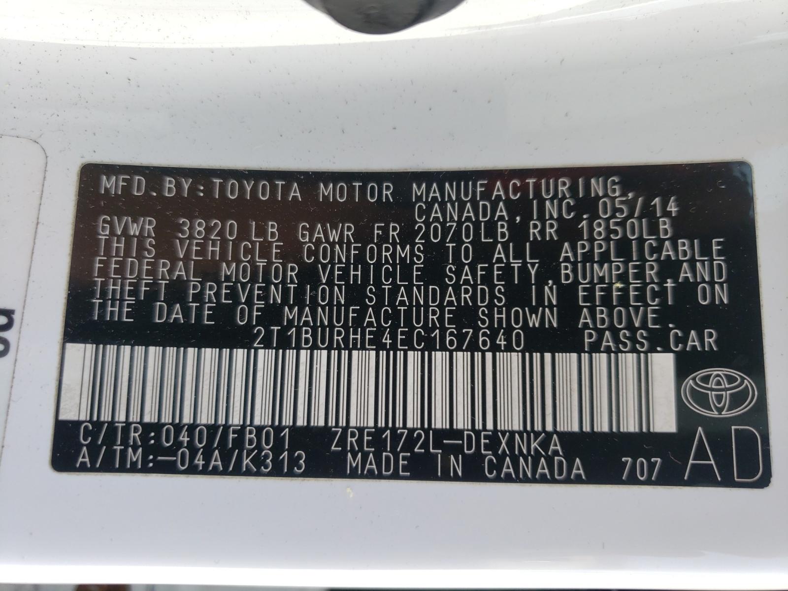 Photo 10 from auction – 2014 TOYOTA COROLLA L with VIN 2T1BURHE4EC167640