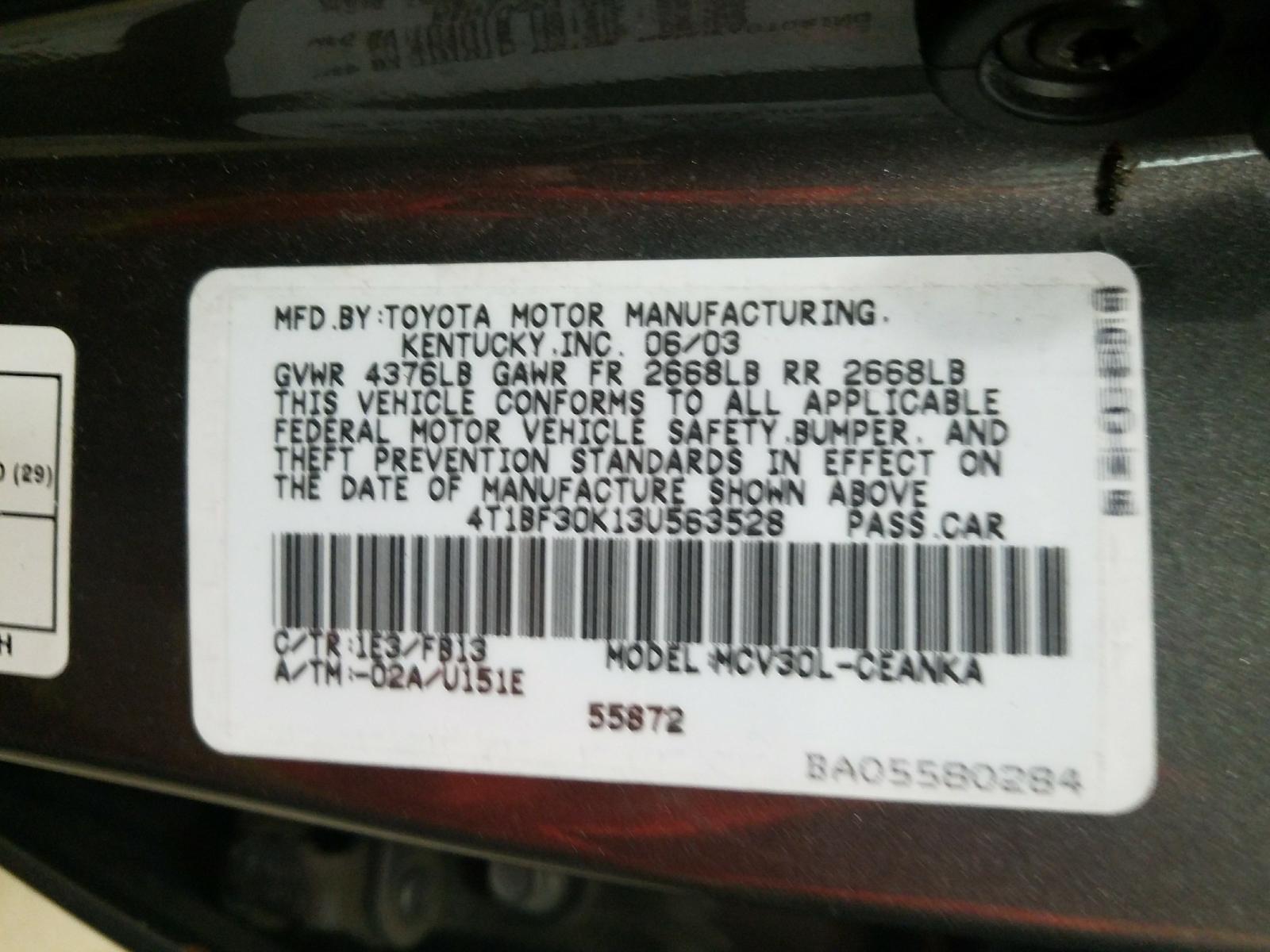 Photo 10 from auction – 2003 TOYOTA CAMRY LE with VIN 4T1BF30K13U563528