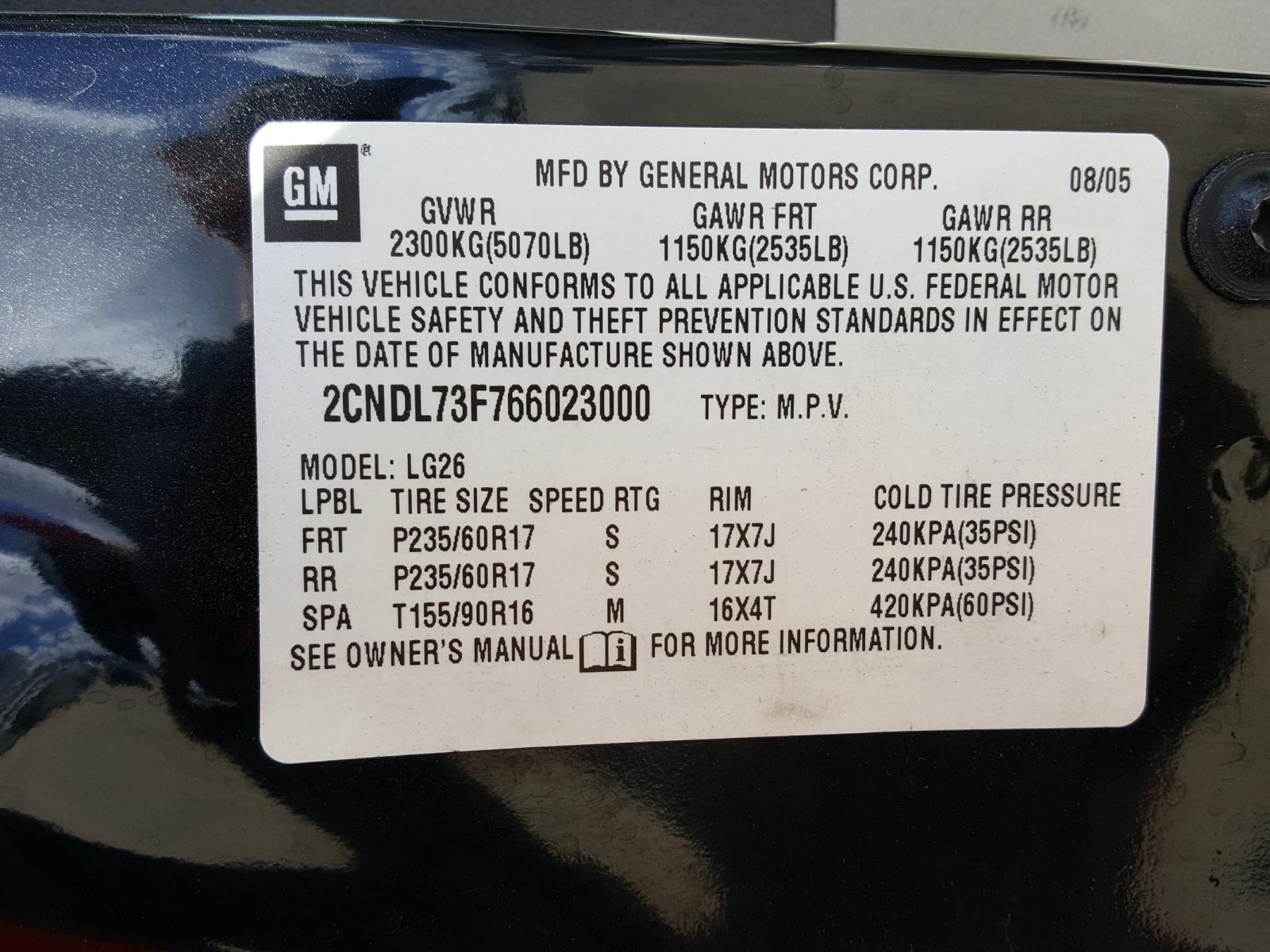 Photo 10 from auction – 2006 CHEVROLET EQUINOX LT with VIN 2CNDL73F766023000