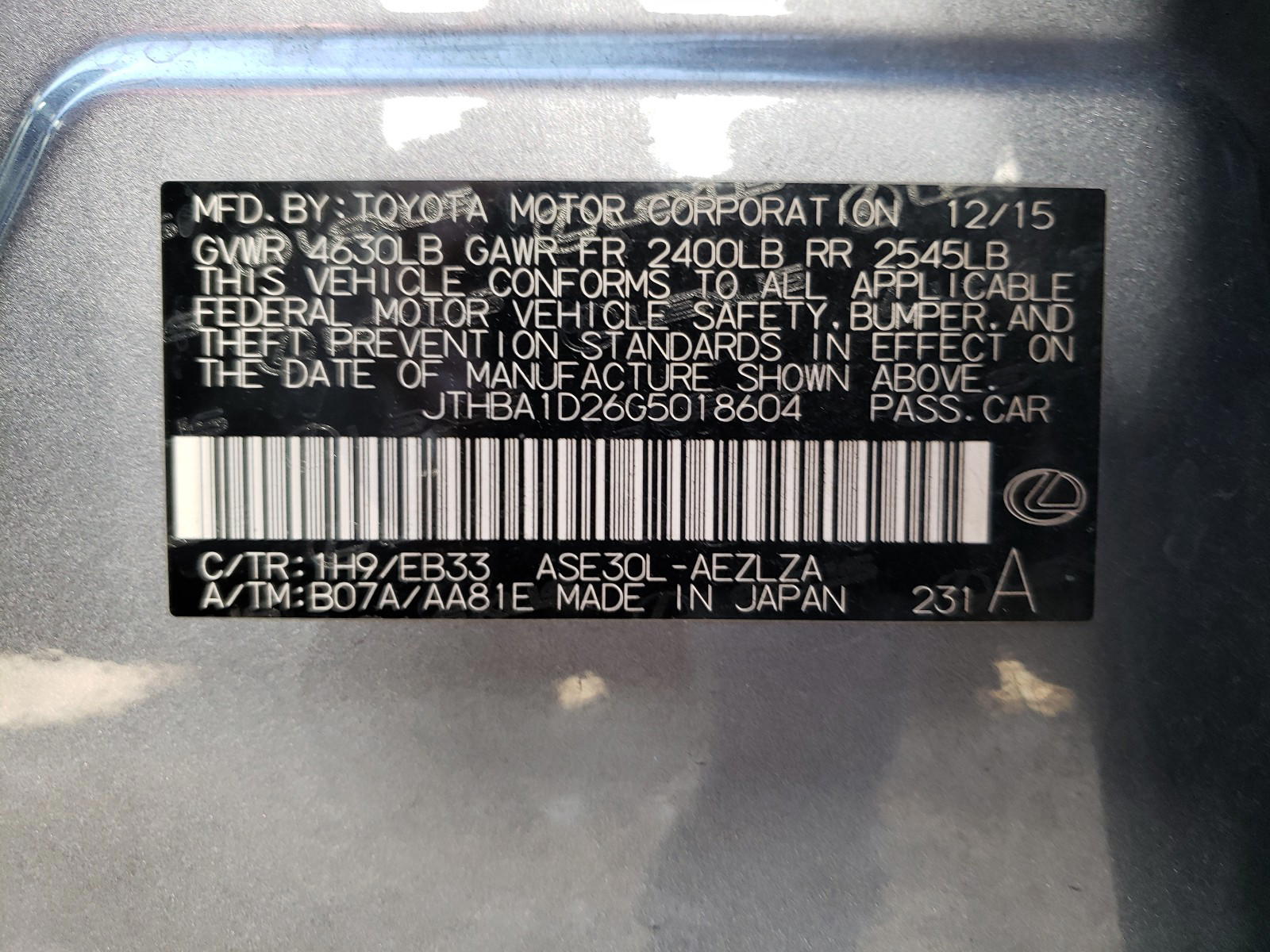 Photo 10 from auction – 2016 LEXUS IS 200T with VIN JTHBA1D26G5018604