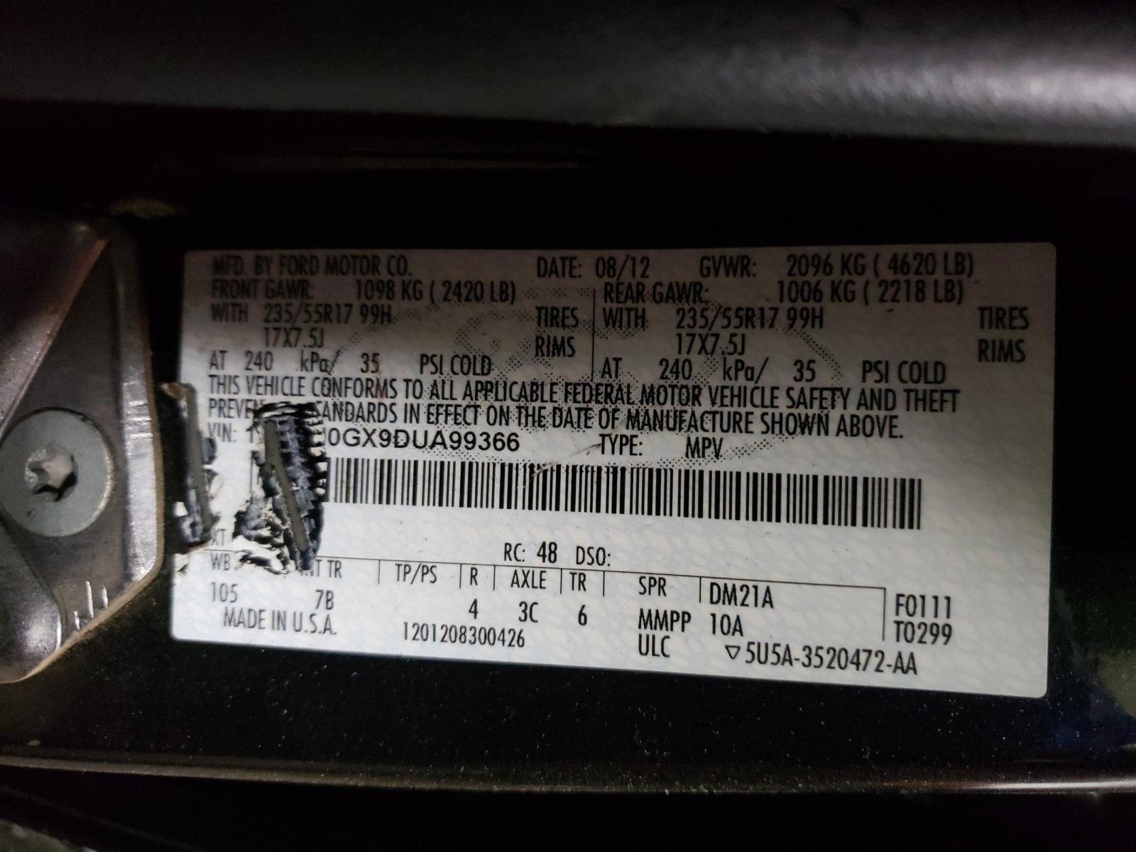 Photo 10 from auction – 2013 FORD ESCAPE SE with VIN 1FMCU0GX9DUA99366