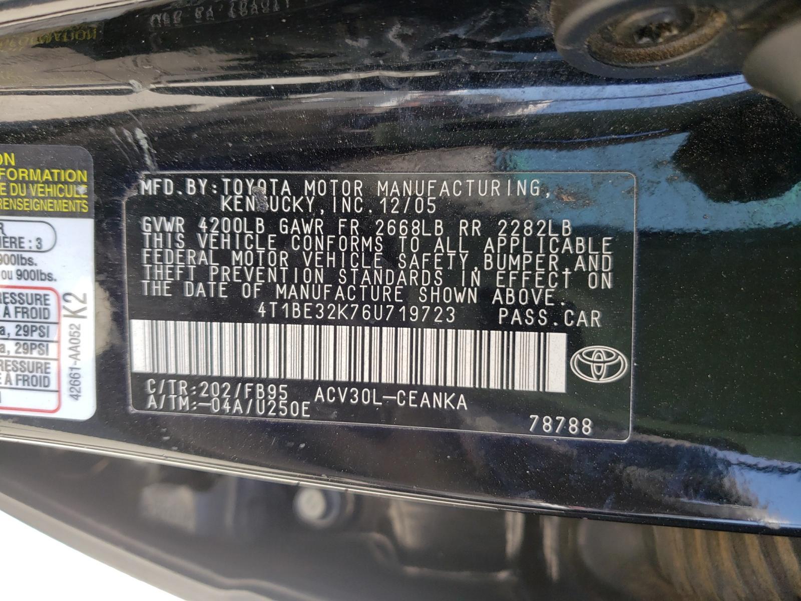 Photo 10 from auction – 2006 TOYOTA CAMRY LE with VIN 4T1BE32K76U719723