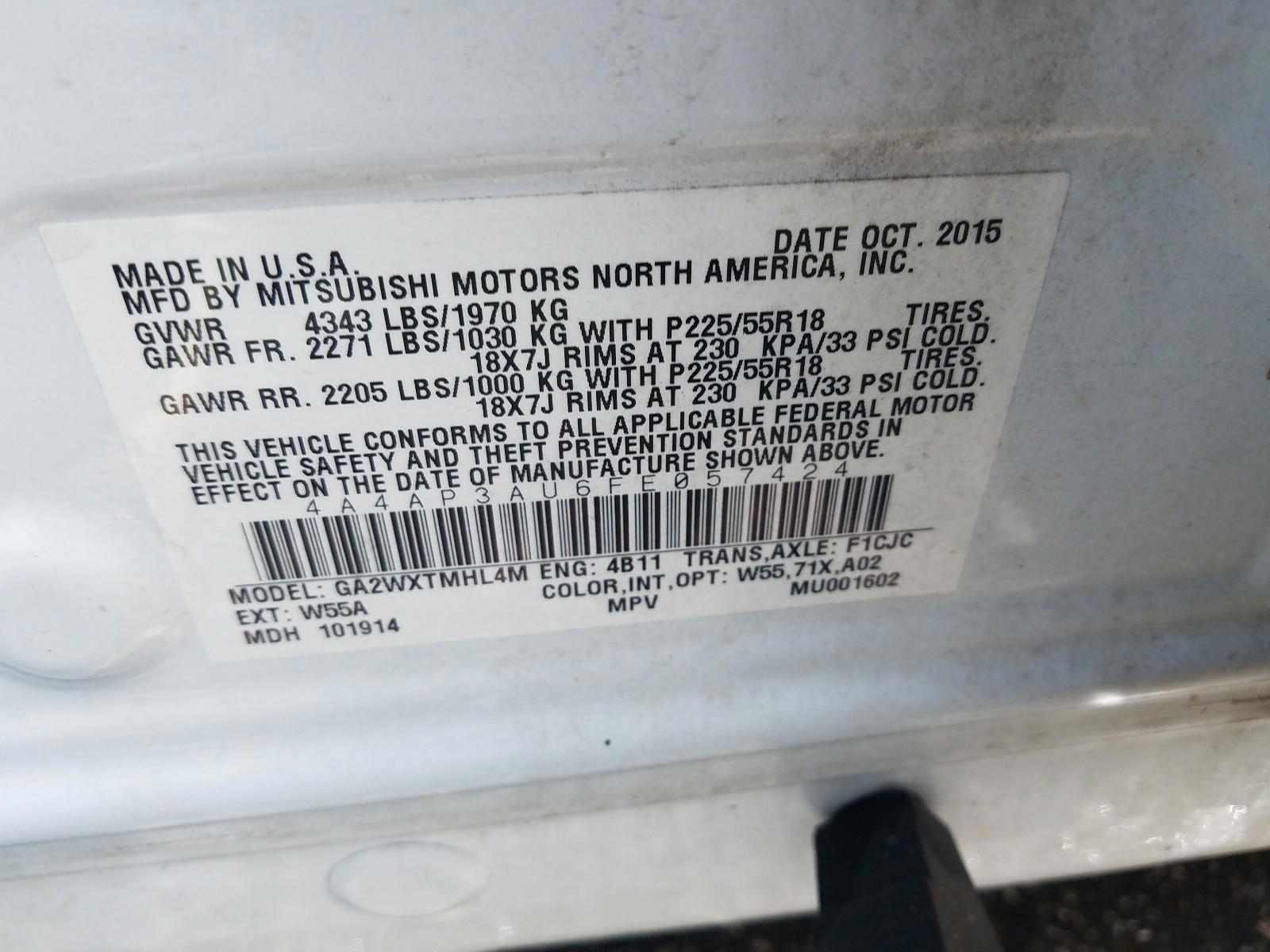 Photo 10 from auction – 2015 MITSUBISHI OUTLANDER with VIN 4A4AP3AU6FE057424