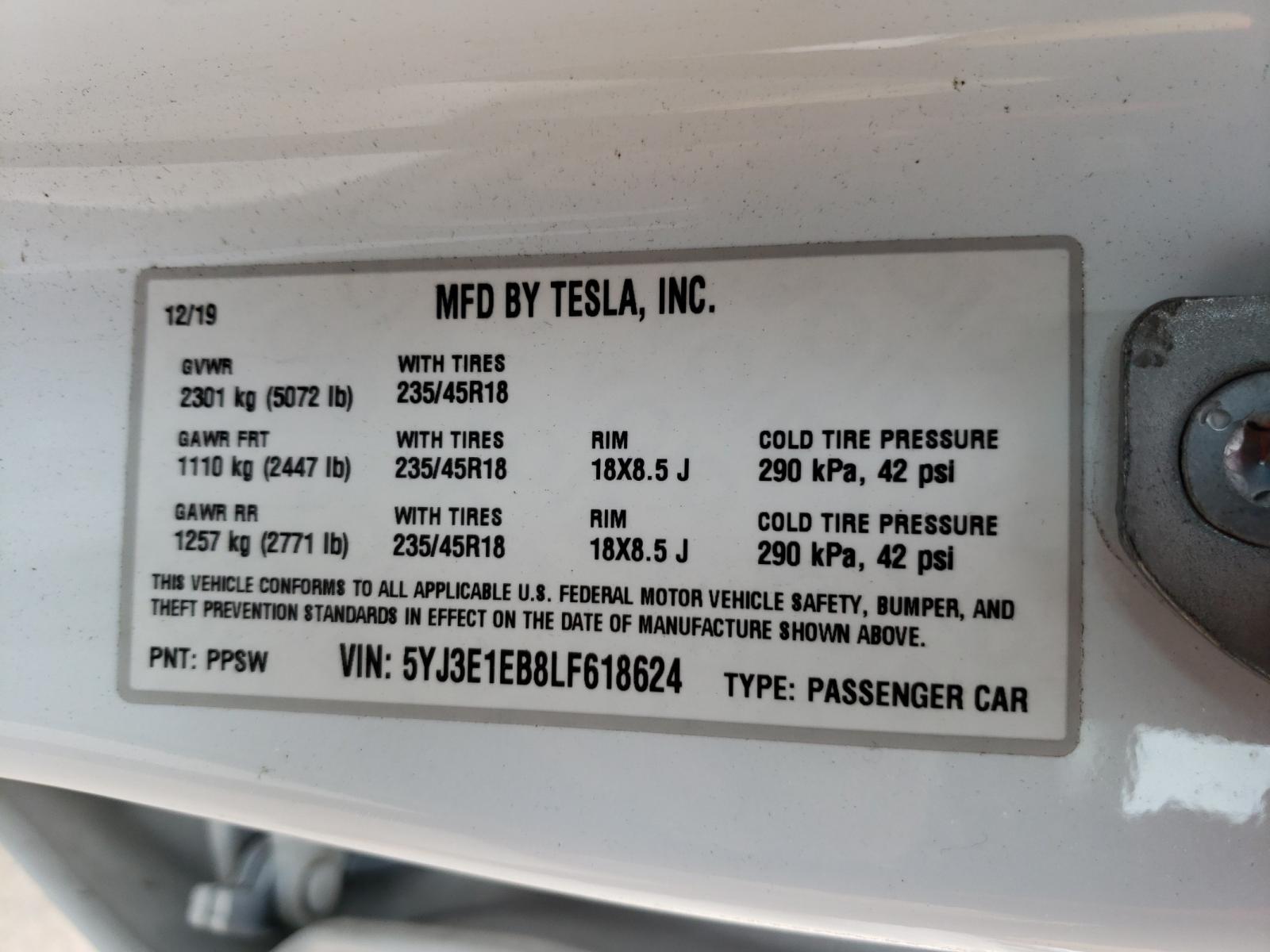 Photo 10 from auction – 2020 TESLA MODEL 3 with VIN 5YJ3E1EB8LF618624