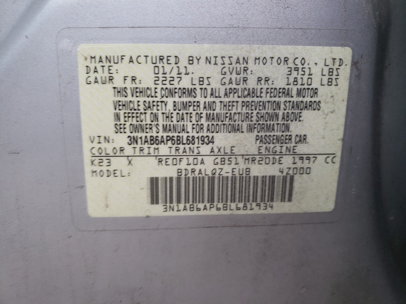 Photo 10 from auction – 2011 NISSAN SENTRA 2.0 with VIN 3N1AB6AP6BL681934