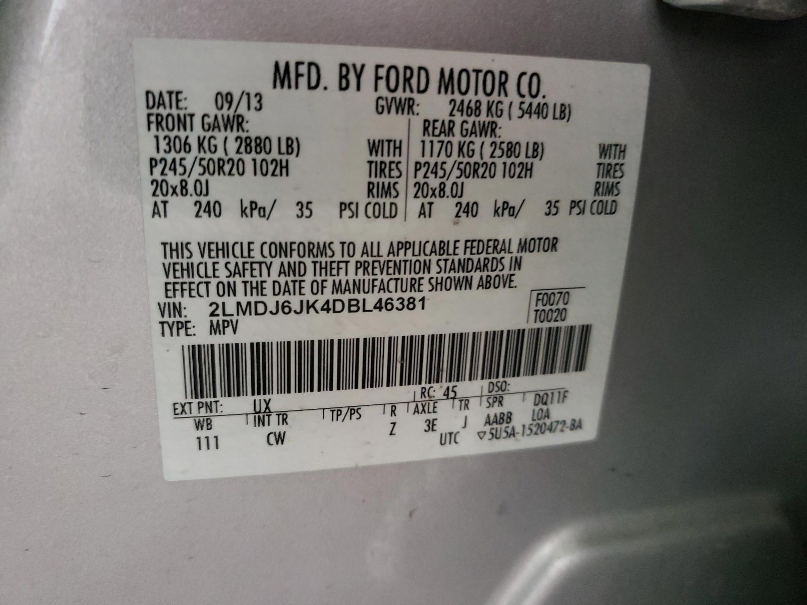 Photo 10 from auction – 2013 LINCOLN MKX with VIN 2LMDJ6JK4DBL46381