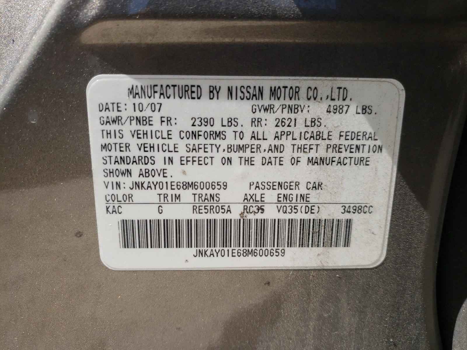 Photo 10 from auction – 2008 INFINITI M35 BASE with VIN JNKAY01E68M600659