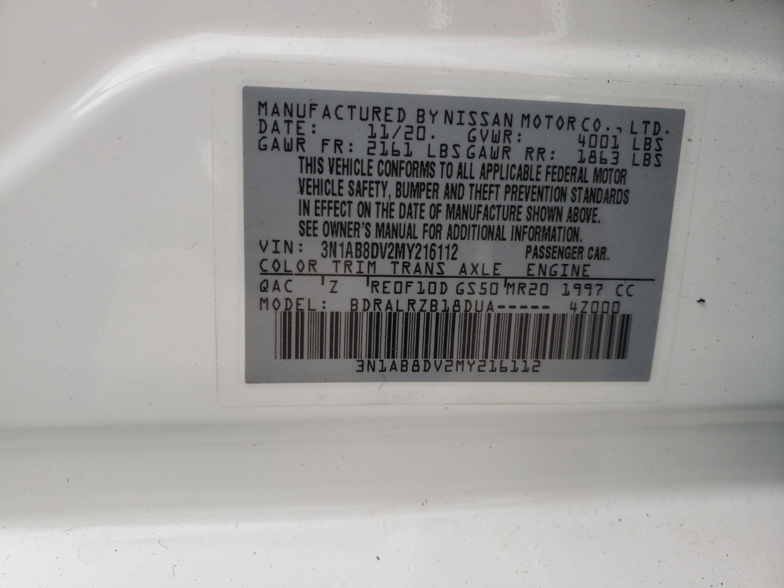 Photo 10 from auction – 2021 NISSAN SENTRA SR with VIN 3N1AB8DV2MY216112