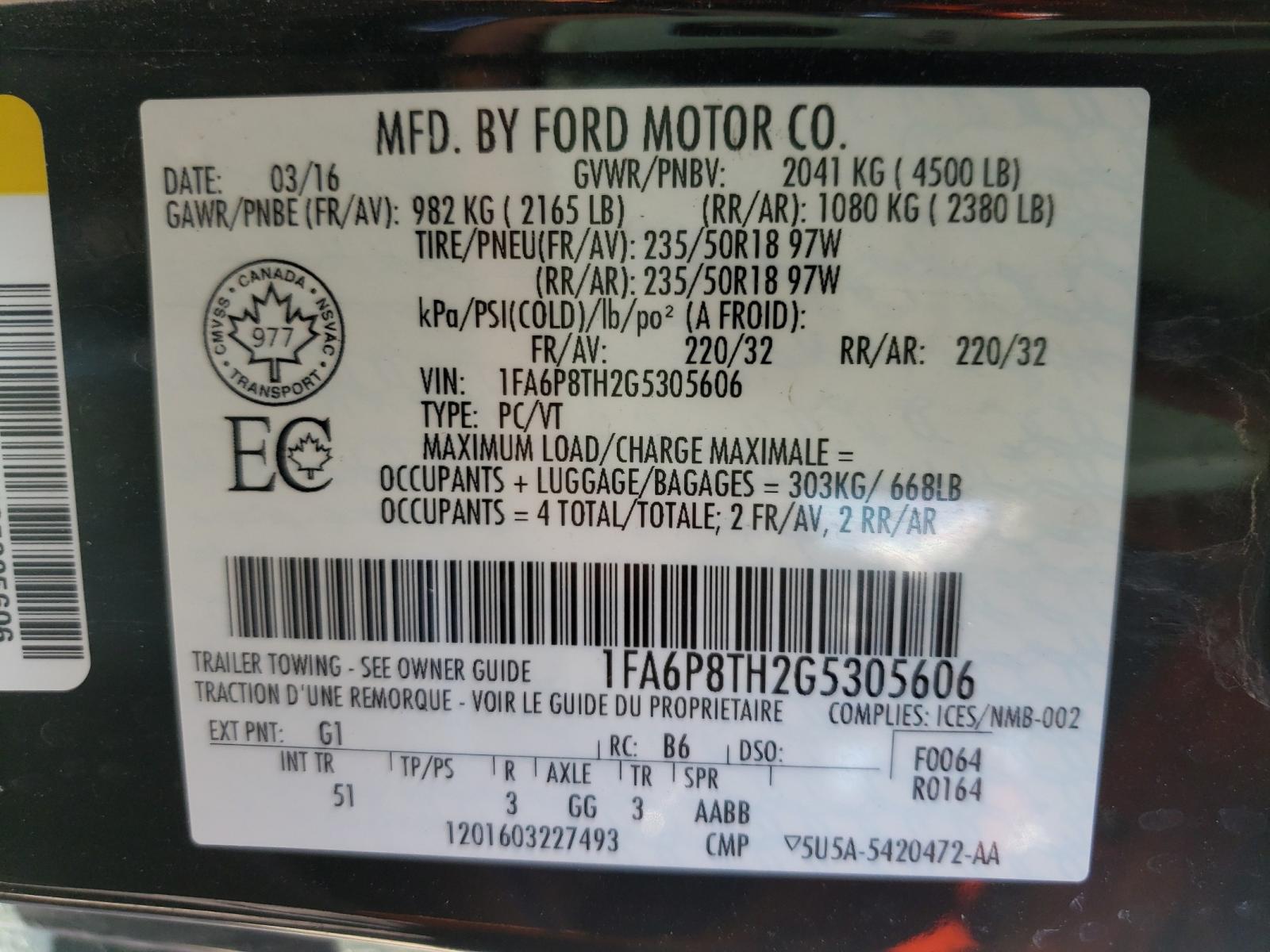 Photo 10 from auction – 2016 FORD MUSTANG with VIN 1FA6P8TH2G5305606