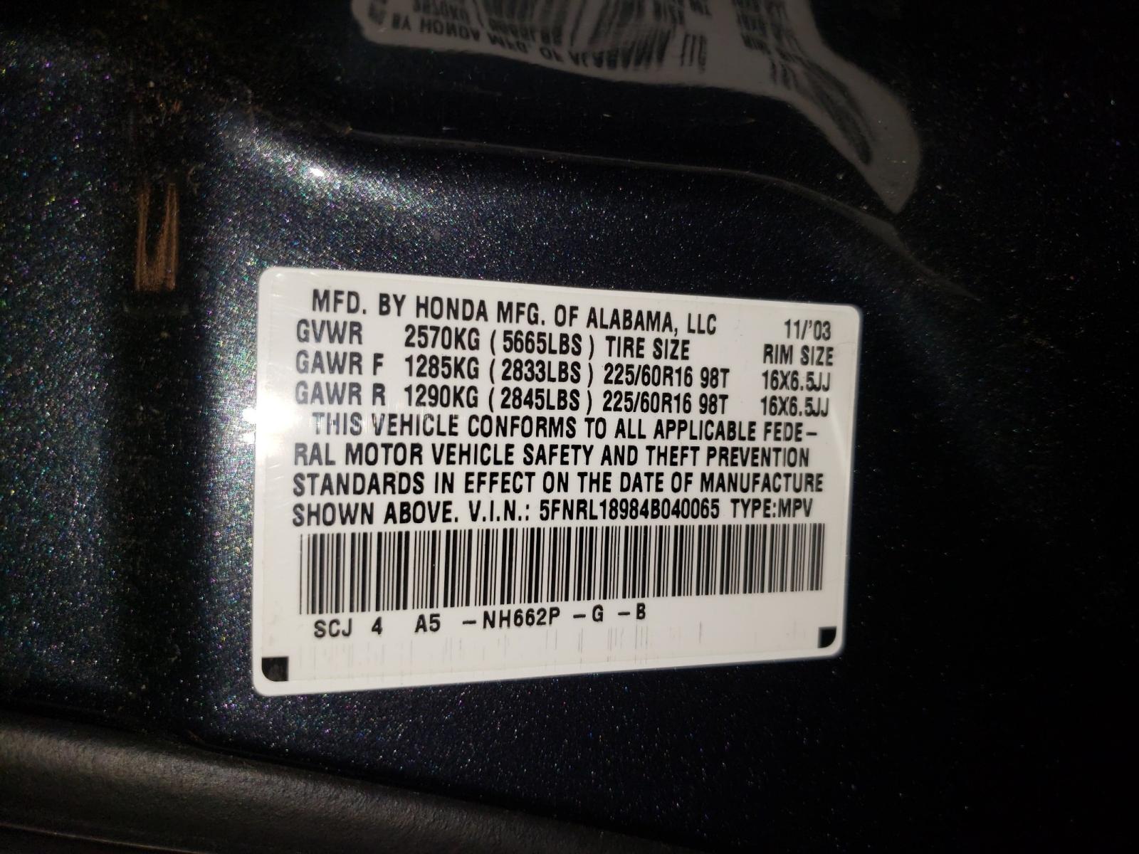 Photo 10 from auction – 2004 HONDA ODYSSEY EX with VIN 5FNRL18984B040065