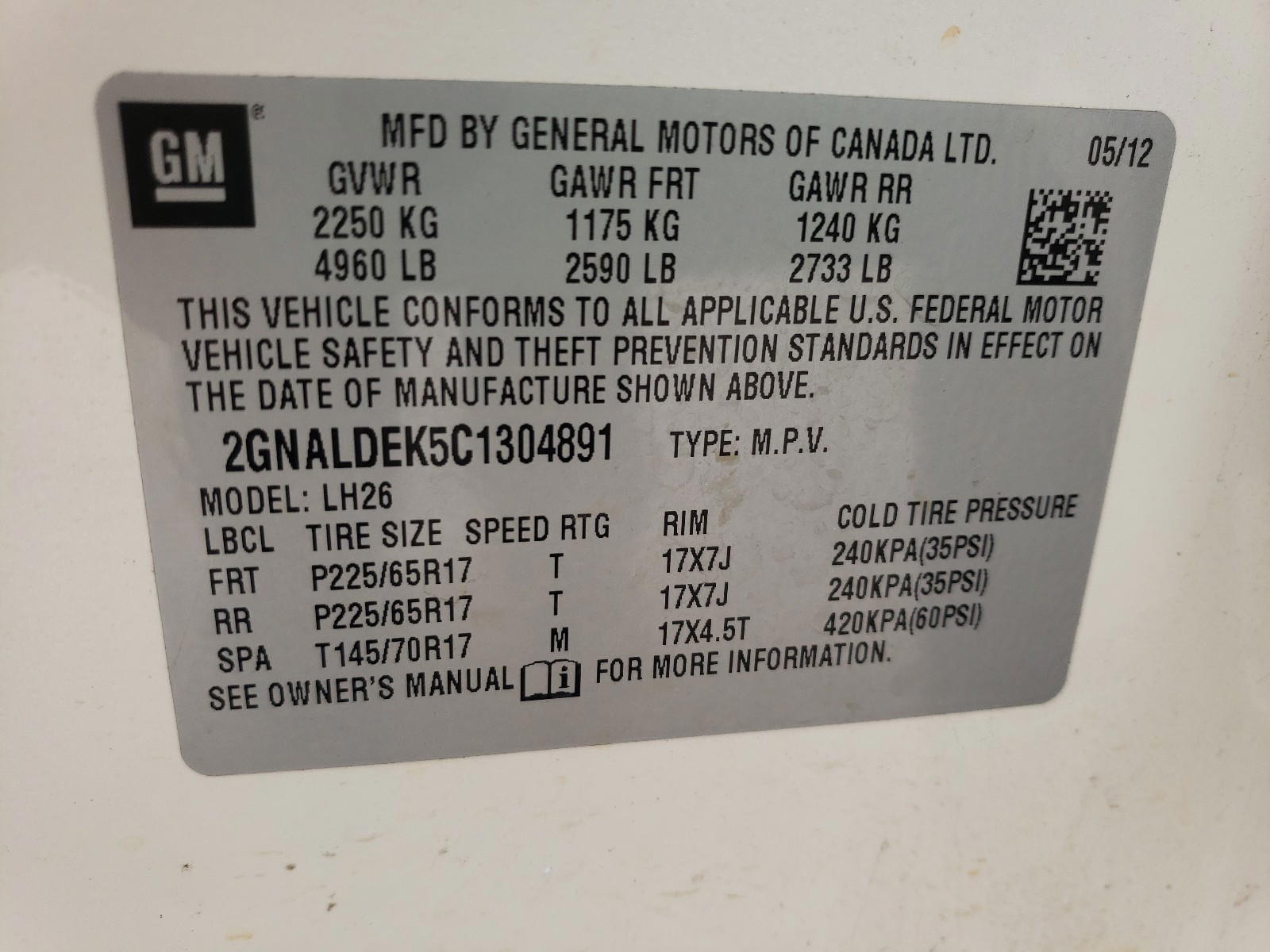 Photo 10 from auction – 2012 CHEVROLET EQUINOX LT with VIN 2GNALDEK5C1304891