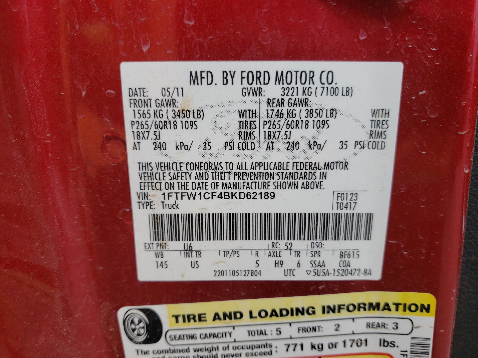 Photo 10 from auction – 2011 FORD F150 SUPER with VIN 1FTFW1CF4BKD62189