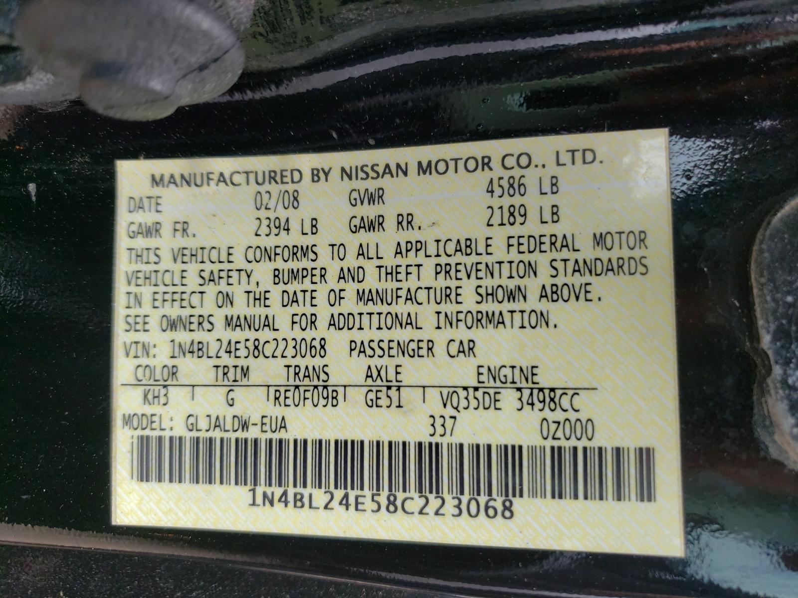 Photo 10 from auction – 2008 NISSAN ALTIMA 3.5 with VIN 1N4BL24E58C223068