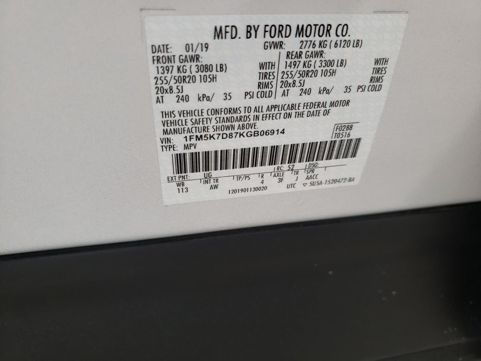 Photo 10 from auction – 2019 FORD EXPLORER X with VIN 1FM5K7D87KGB06914