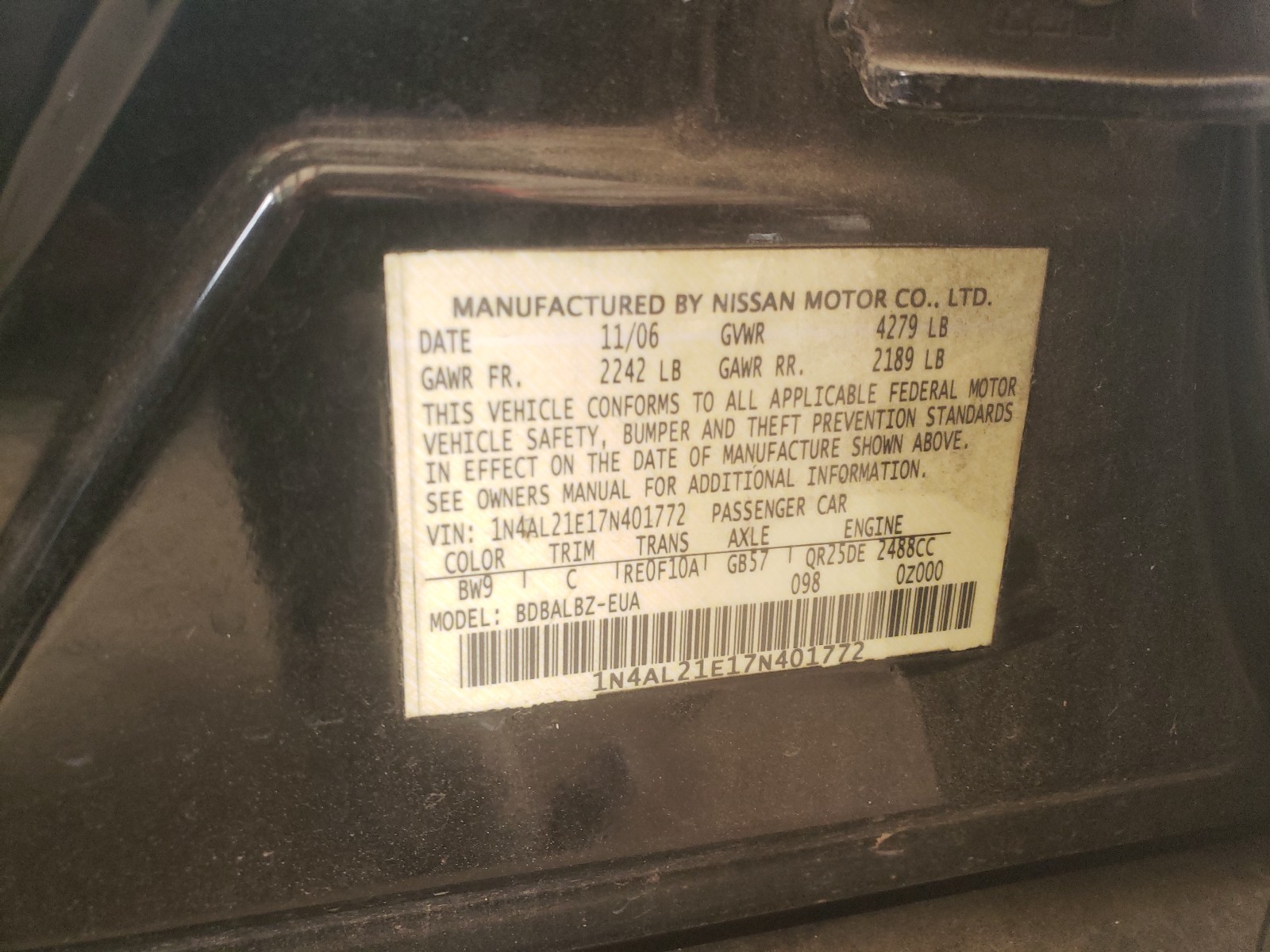 Photo 20 from auction – 2008 NISSAN ALTIMA 2.5 with VIN 1N4AL21E28C166716