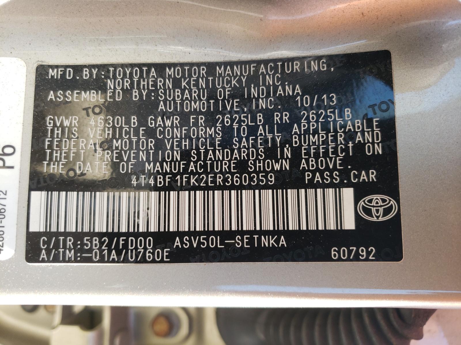 Photo 10 from auction – 2014 TOYOTA CAMRY L with VIN 4T4BF1FK2ER360359