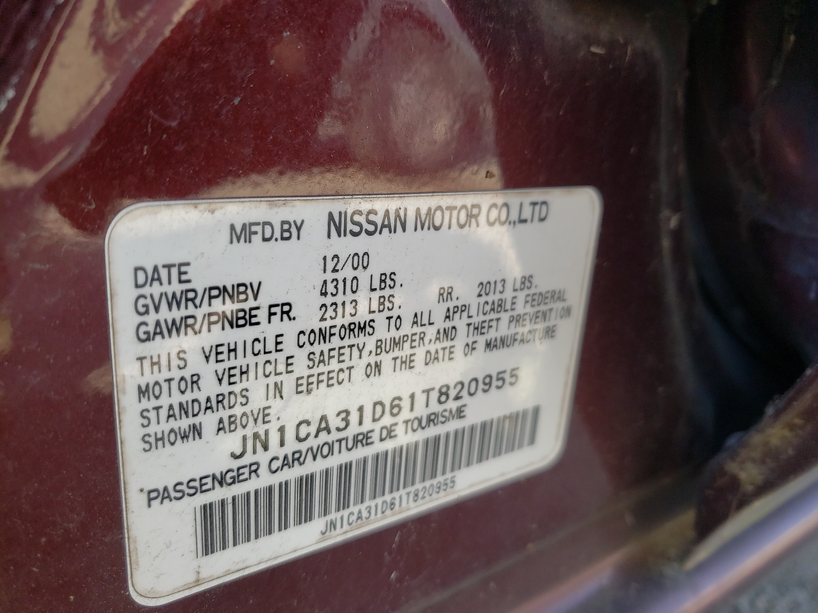 Photo 10 from auction – 2001 NISSAN MAXIMA gxe with VIN JN1CA31D61T820955