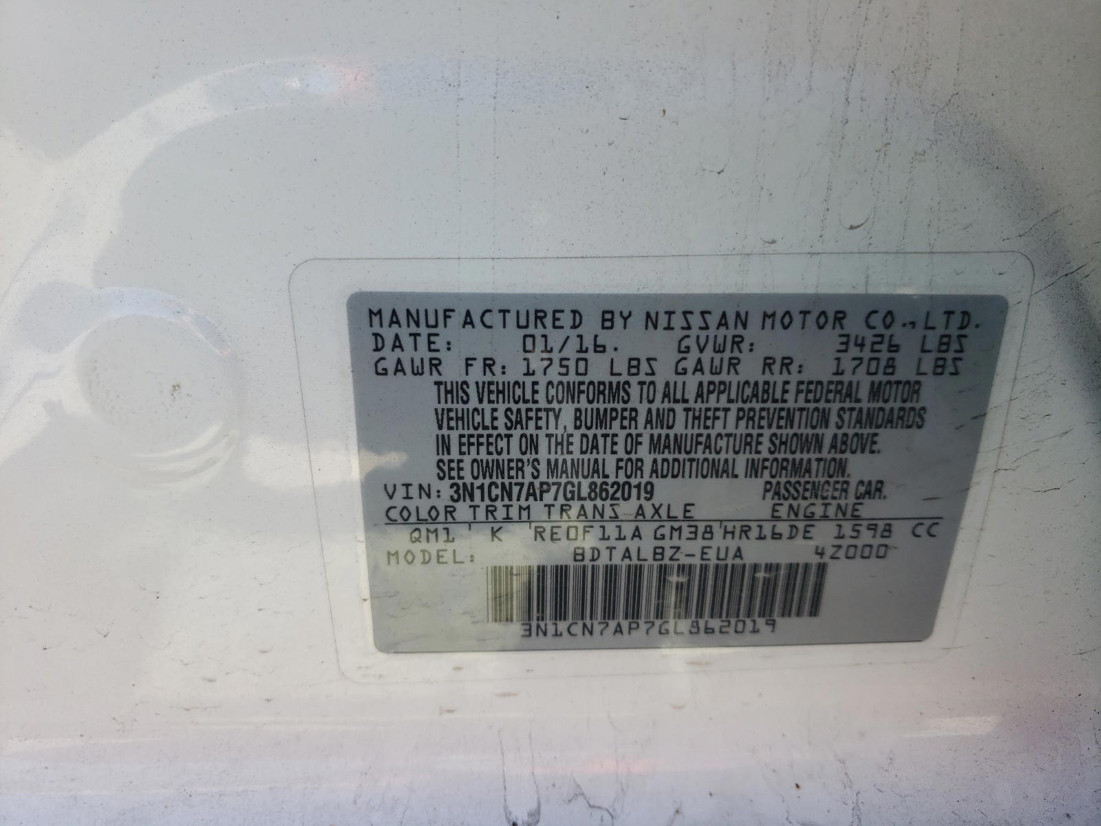 Photo 10 from auction – 2016 NISSAN VERSA S with VIN 3N1CN7AP7GL862019
