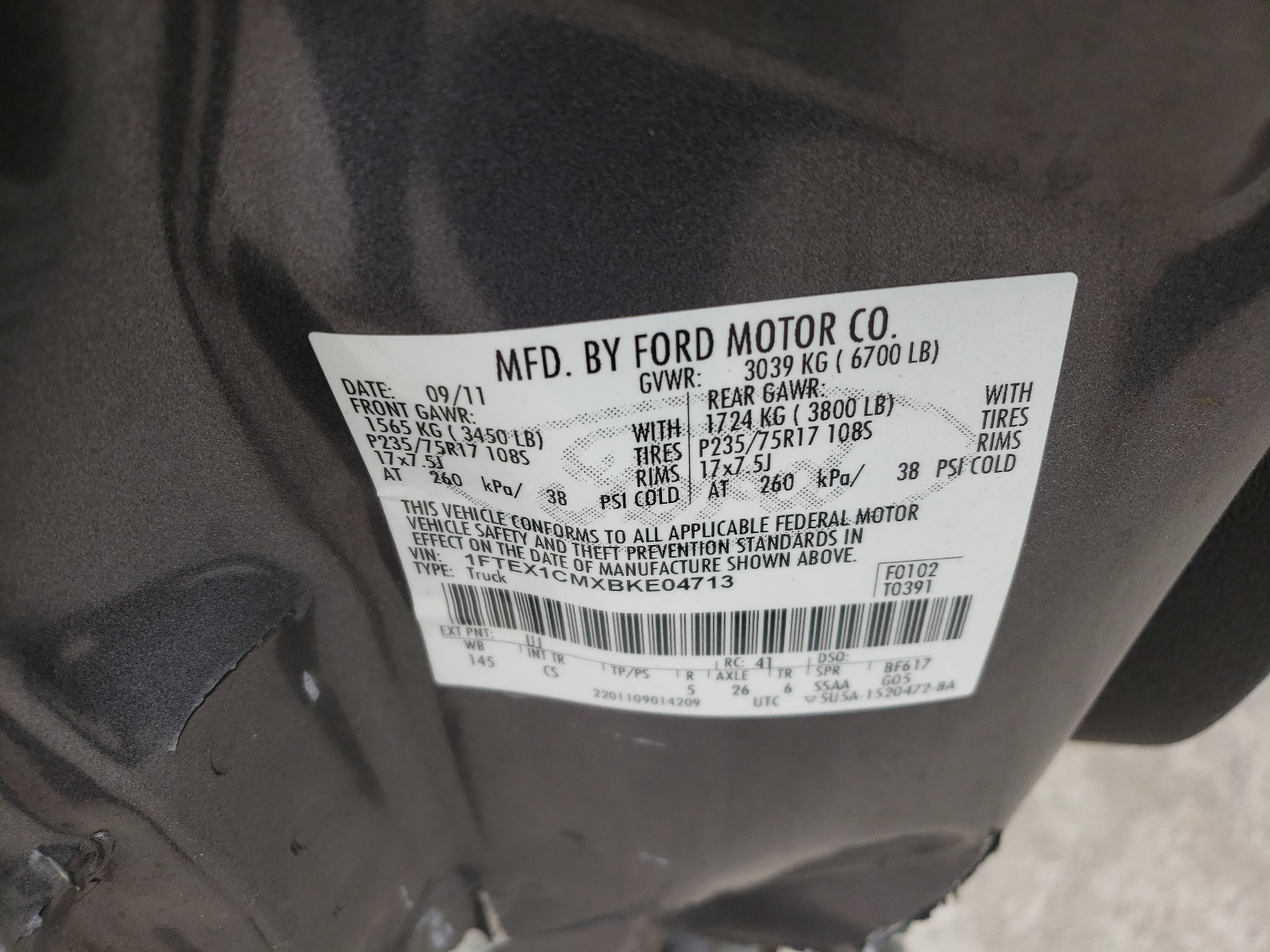 Photo 10 from auction – 2011 FORD F150 SUPER with VIN 1FTEX1CMXBKE04713