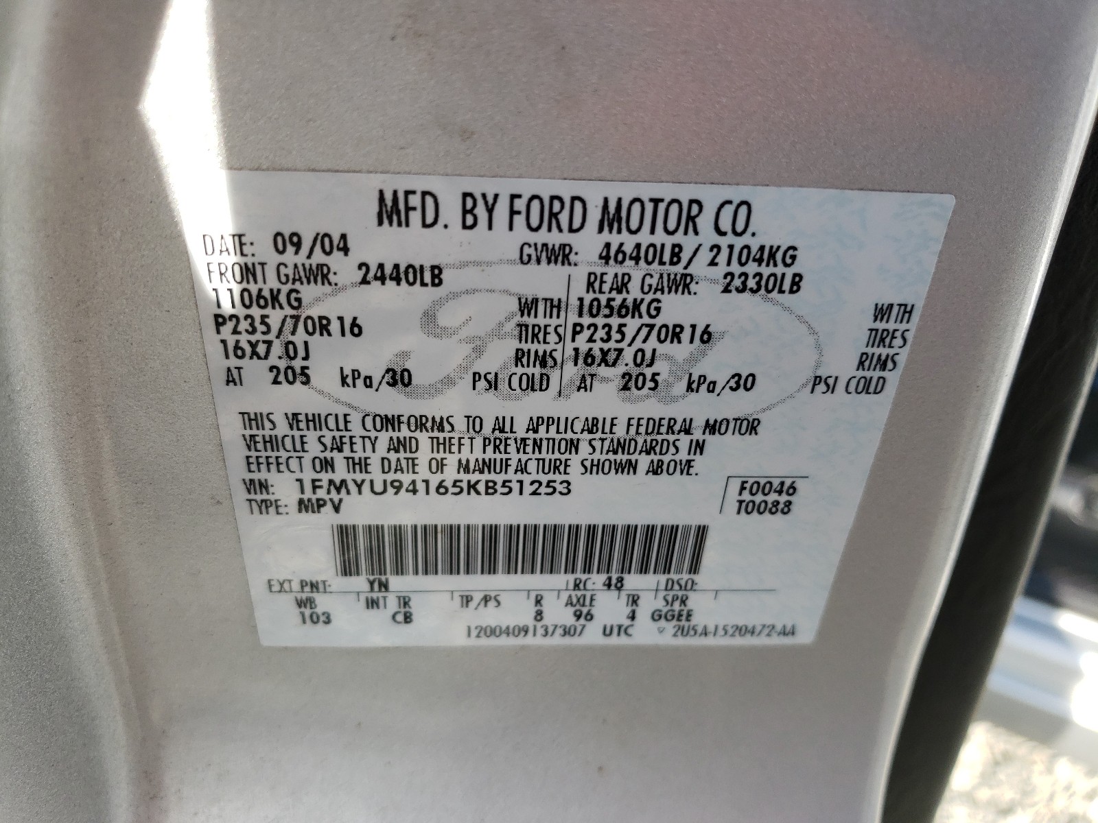 Photo 10 from auction – 2005 FORD ESCAPE with VIN 1FMYU94165KB51253