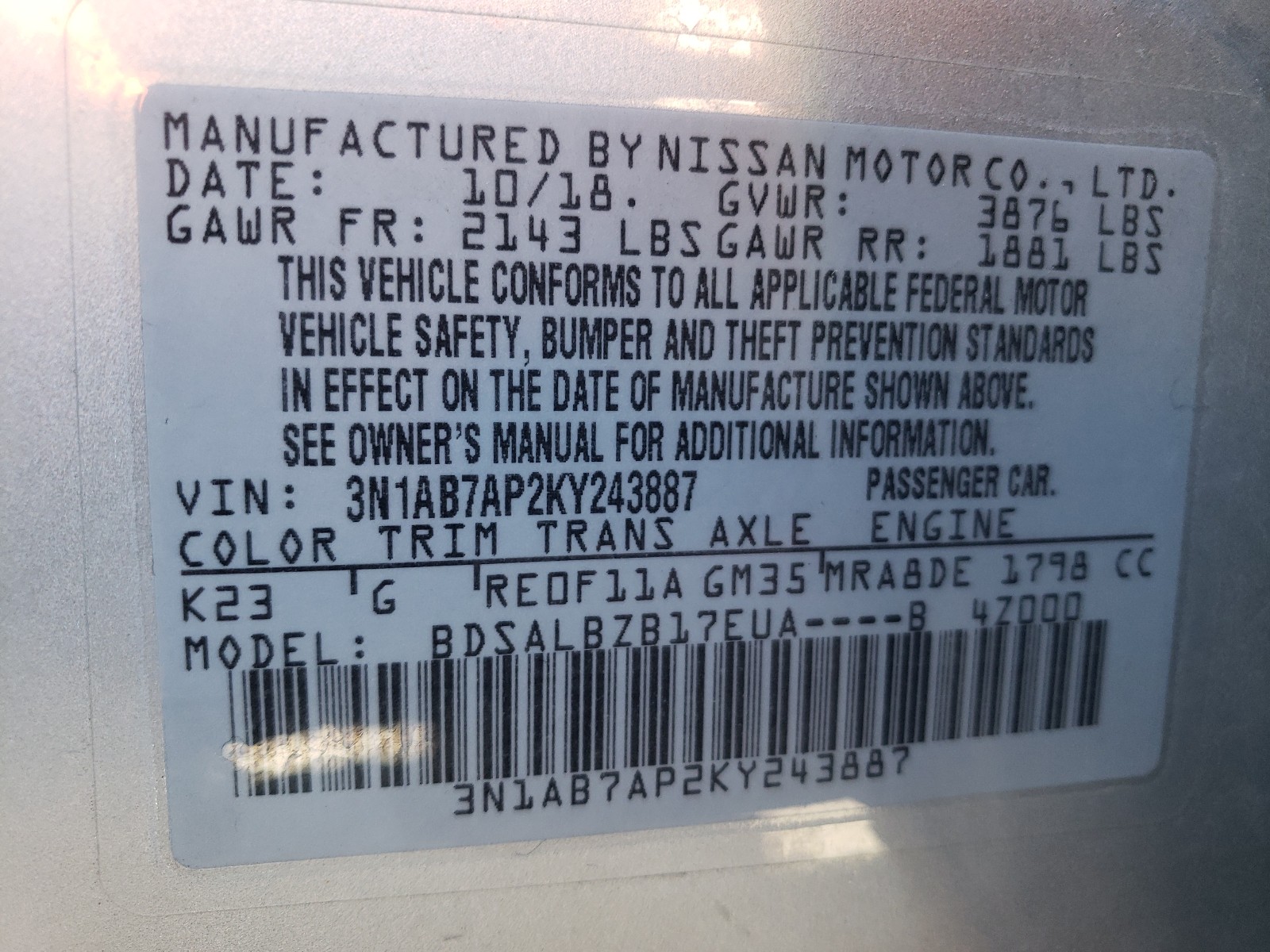 Photo 10 from auction – 2019 NISSAN SENTRA S with VIN 3N1AB7AP2KY243887