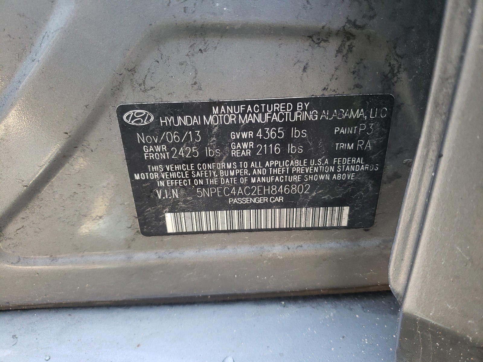 Photo 10 from auction – 2014 HYUNDAI SONATA SE with VIN 5NPEC4AC2EH846802