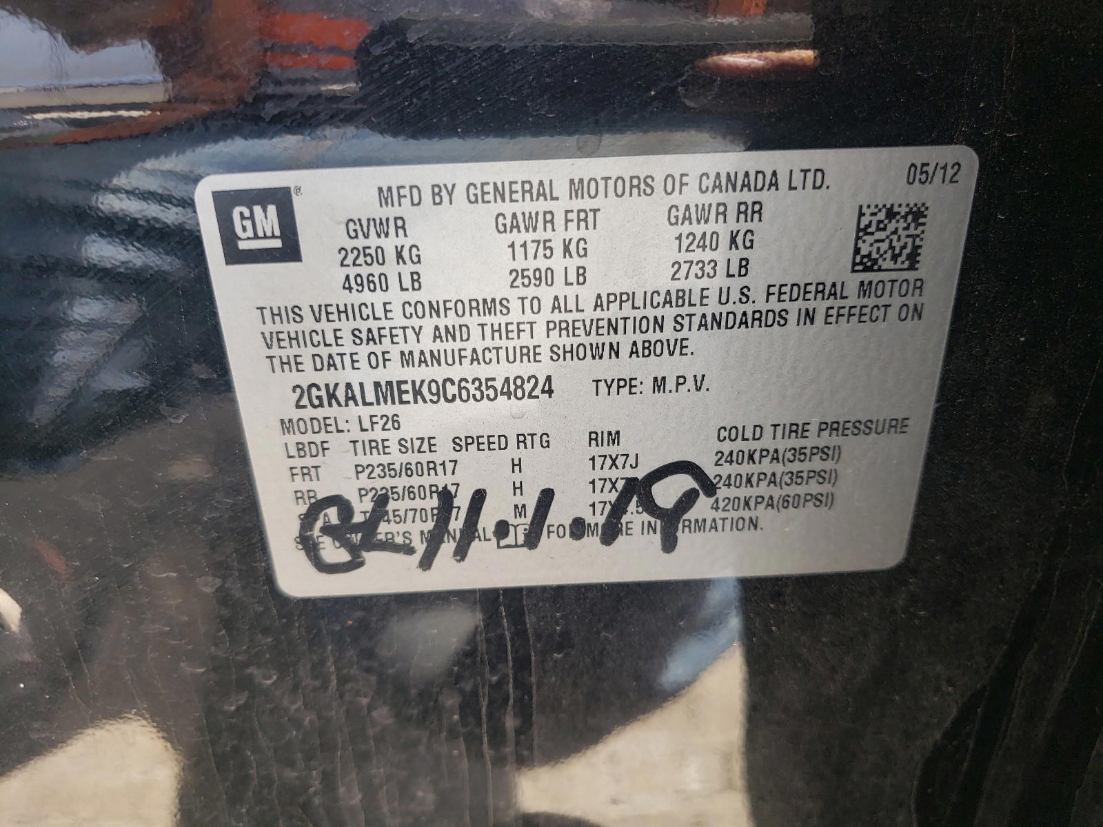 Photo 10 from auction – 2012 GMC TERRAIN SL with VIN 2GKALMEK9C6354824