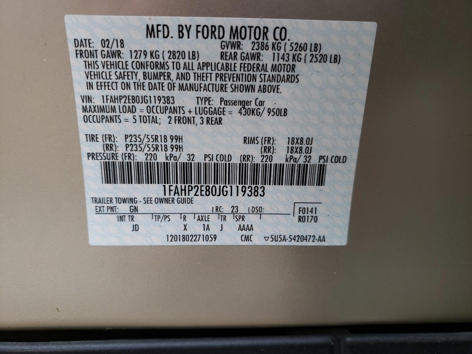 Photo 10 from auction – 2018 FORD TAURUS SEL with VIN 1FAHP2E80JG119383