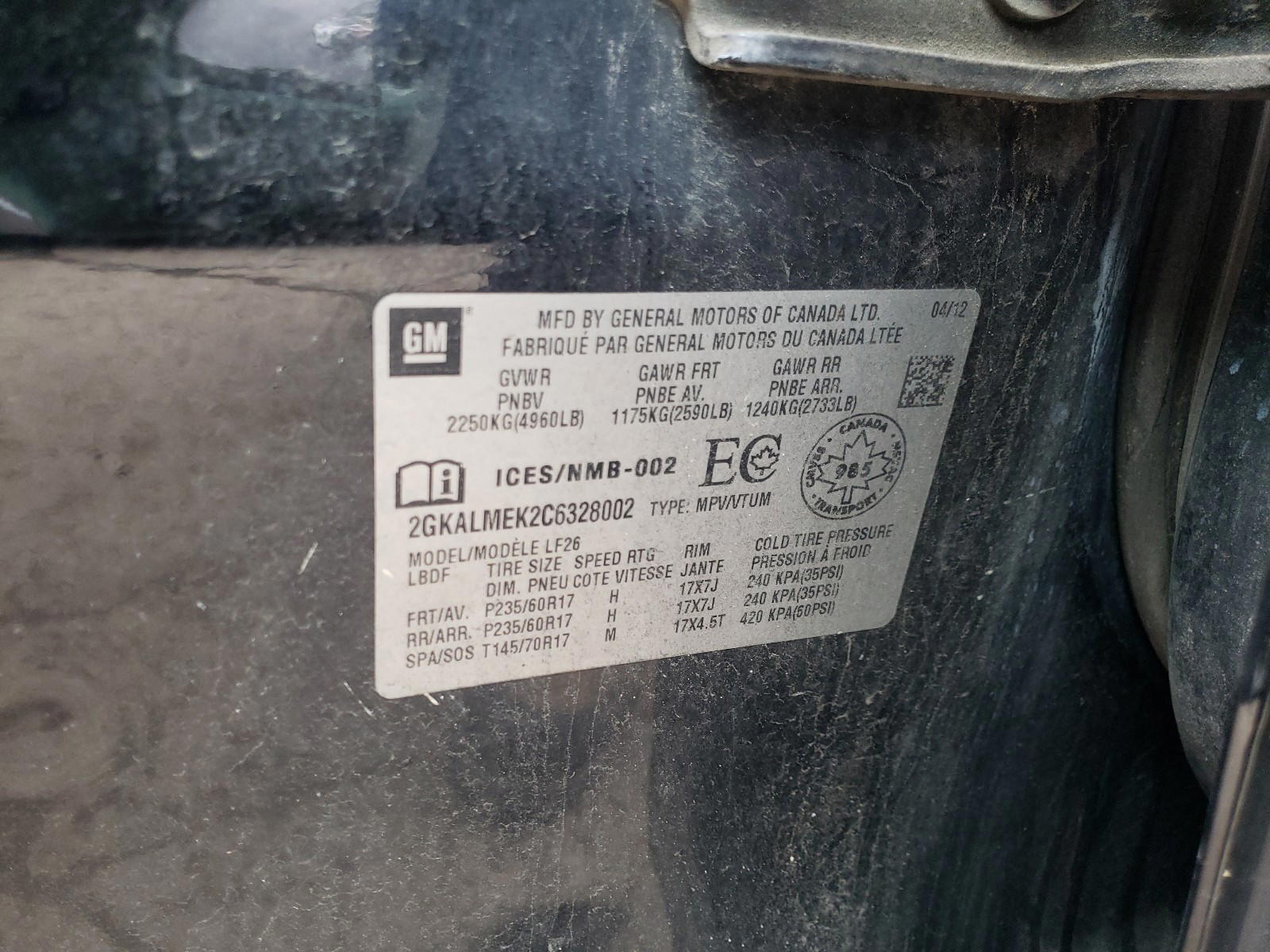 Photo 10 from auction – 2012 GMC TERRAIN SL with VIN 2GKALMEK2C6328002