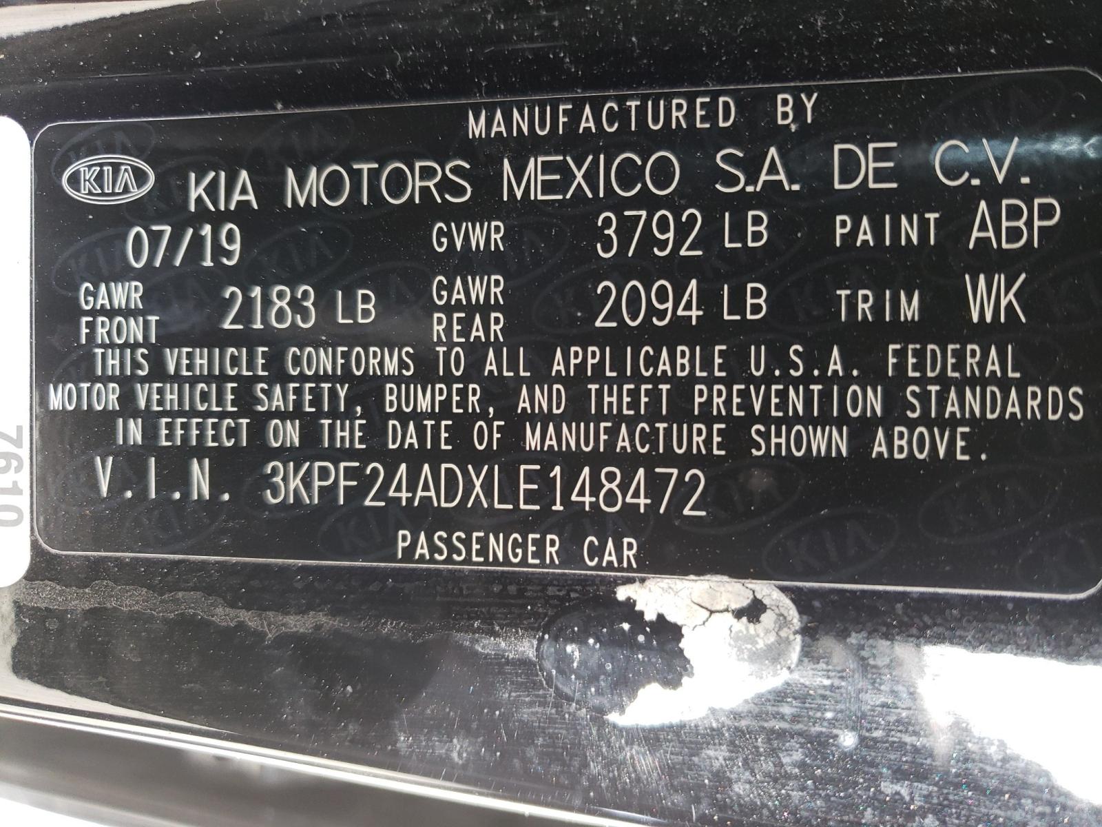 Photo 10 from auction – 2020 KIA FORTE FE with VIN 3KPF24ADXLE148472