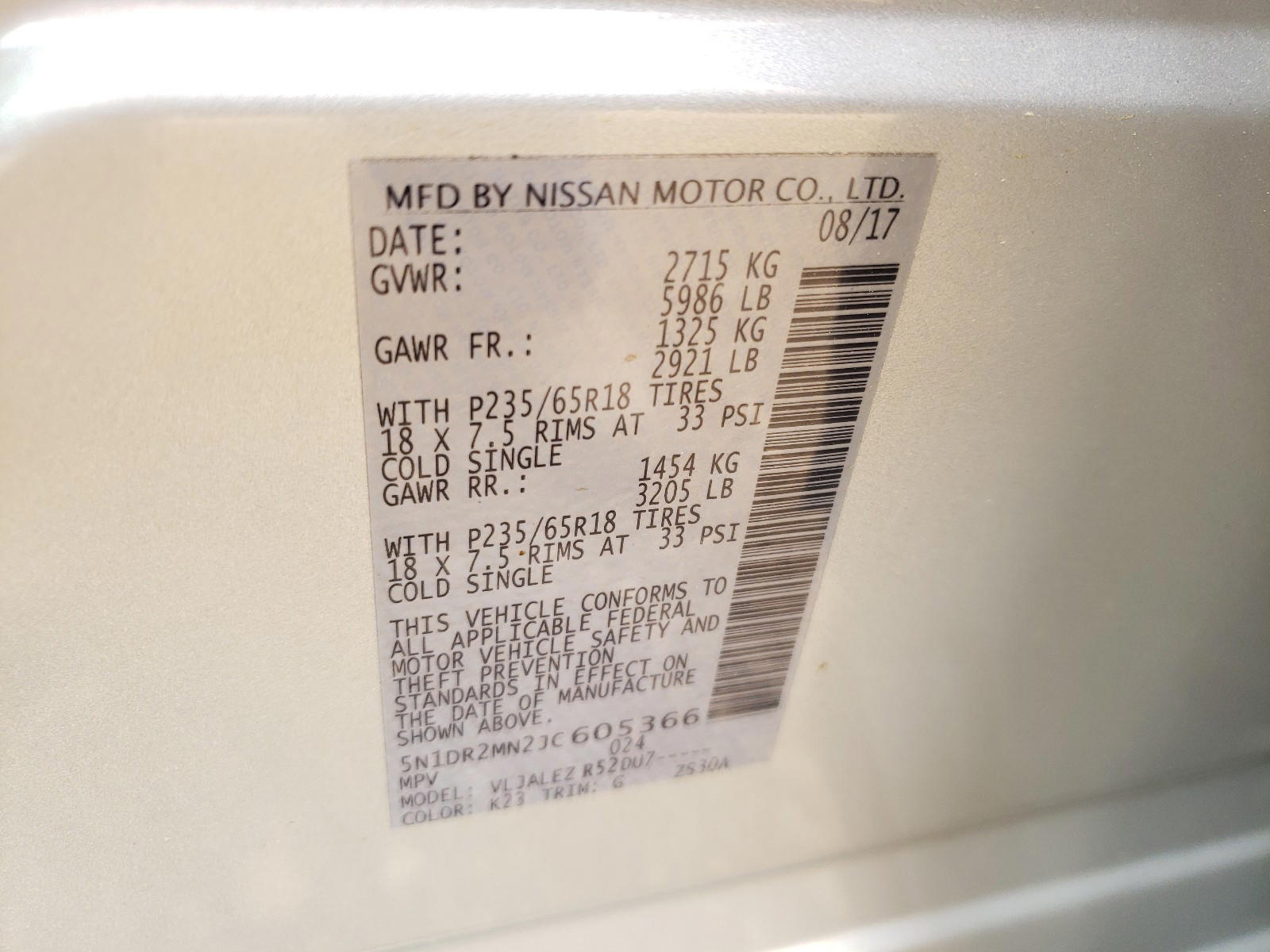 Photo 10 from auction – 2018 NISSAN PATHFINDER with VIN 5N1DR2MN2JC605366