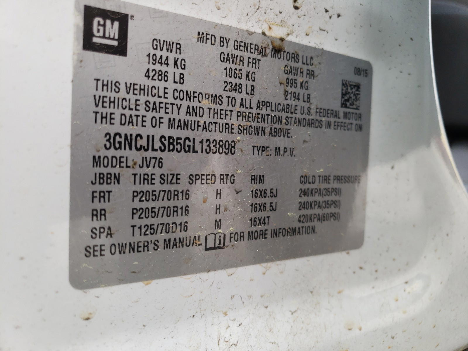Photo 10 from auction – 2016 CHEVROLET TRAX 1LT with VIN 3GNCJLSB5GL133898