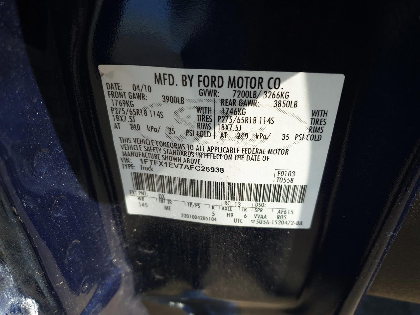 Photo 10 from auction – 2010 FORD F150 SUPER with VIN 1FTFX1EV7AFC26938