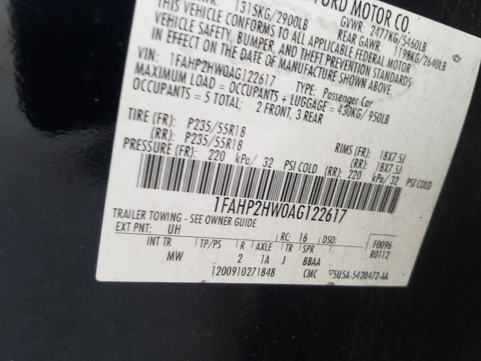 Photo 10 from auction – 2010 FORD TAURUS SEL with VIN 1FAHP2HW0AG122617